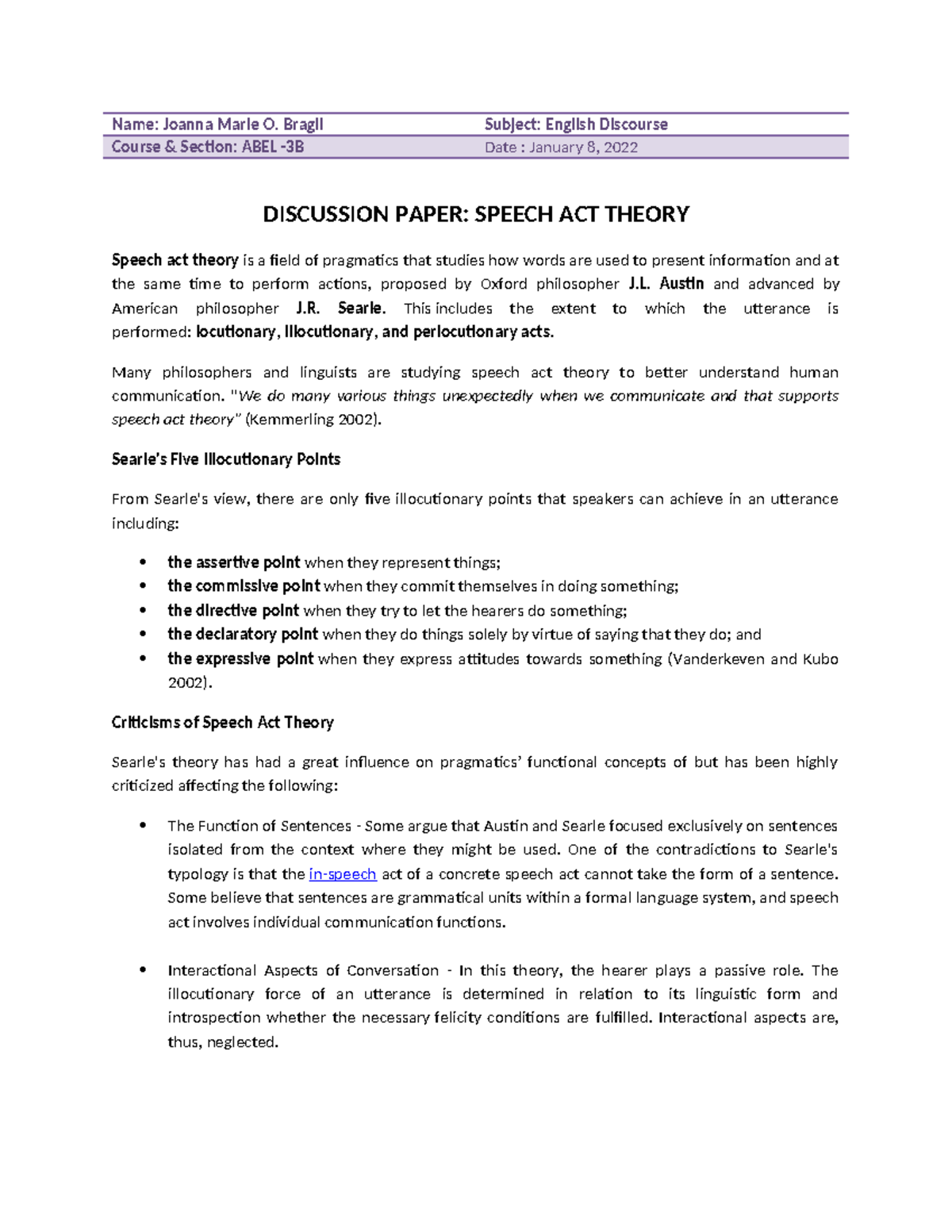 Discussion Paper (Speech Act Theory) - Name: Joanna Marie O. Bragil ...