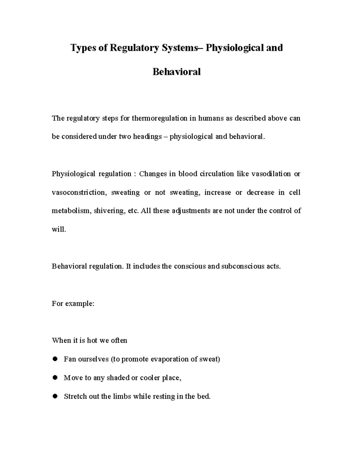 Types of Regulatory Systems Physiological and Behavioral Types of