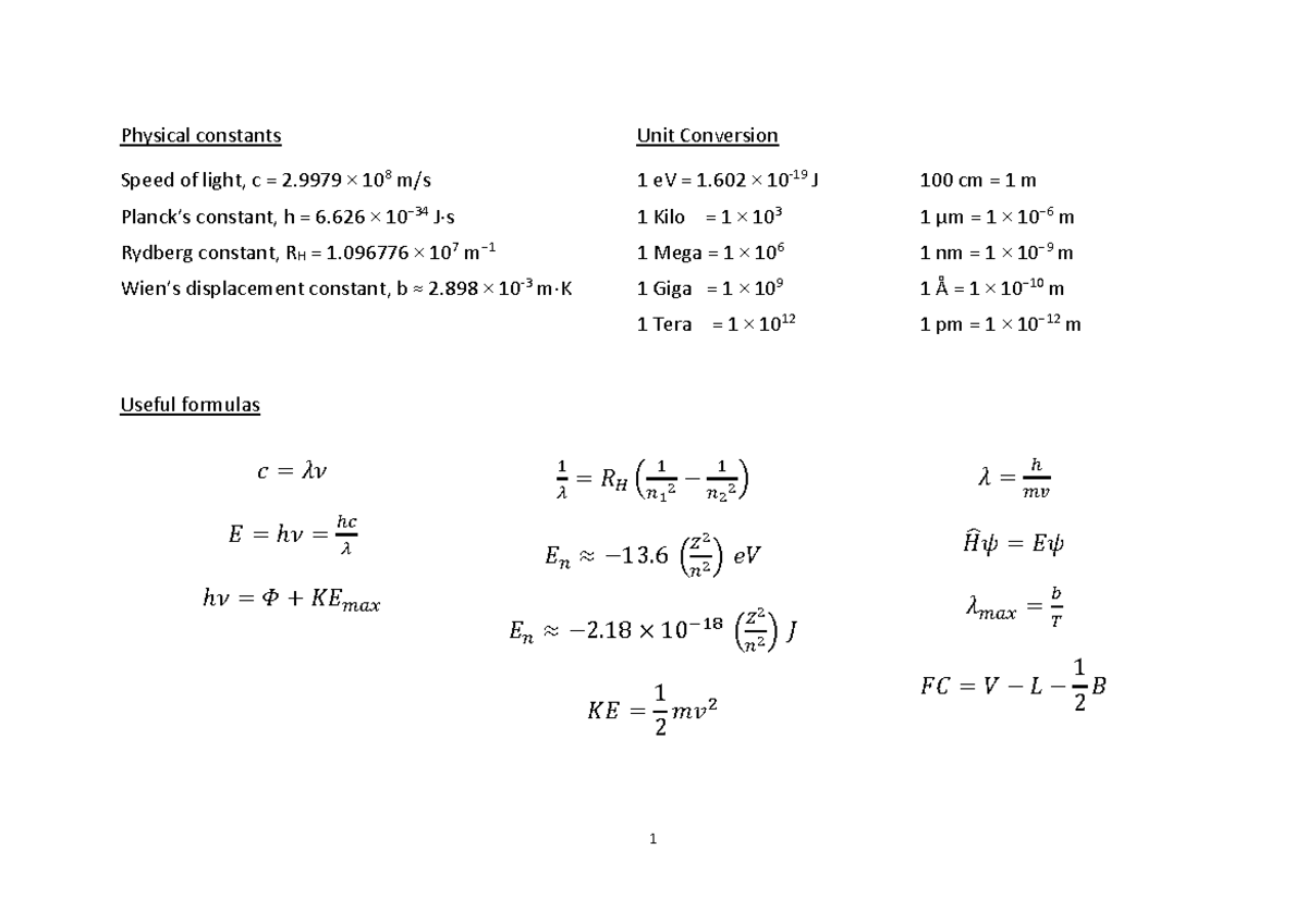 CM1102 Test+1 Physical+constants%2C+unit+conversion%2C+useful+formulas ...