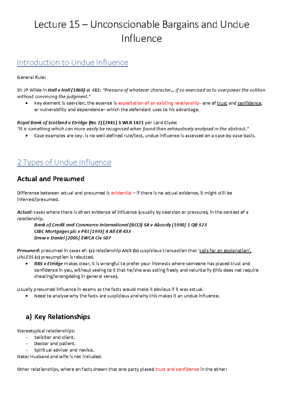 Unconscionable Bargains and Undue Influence Lecture 15 notes - Lecture ...