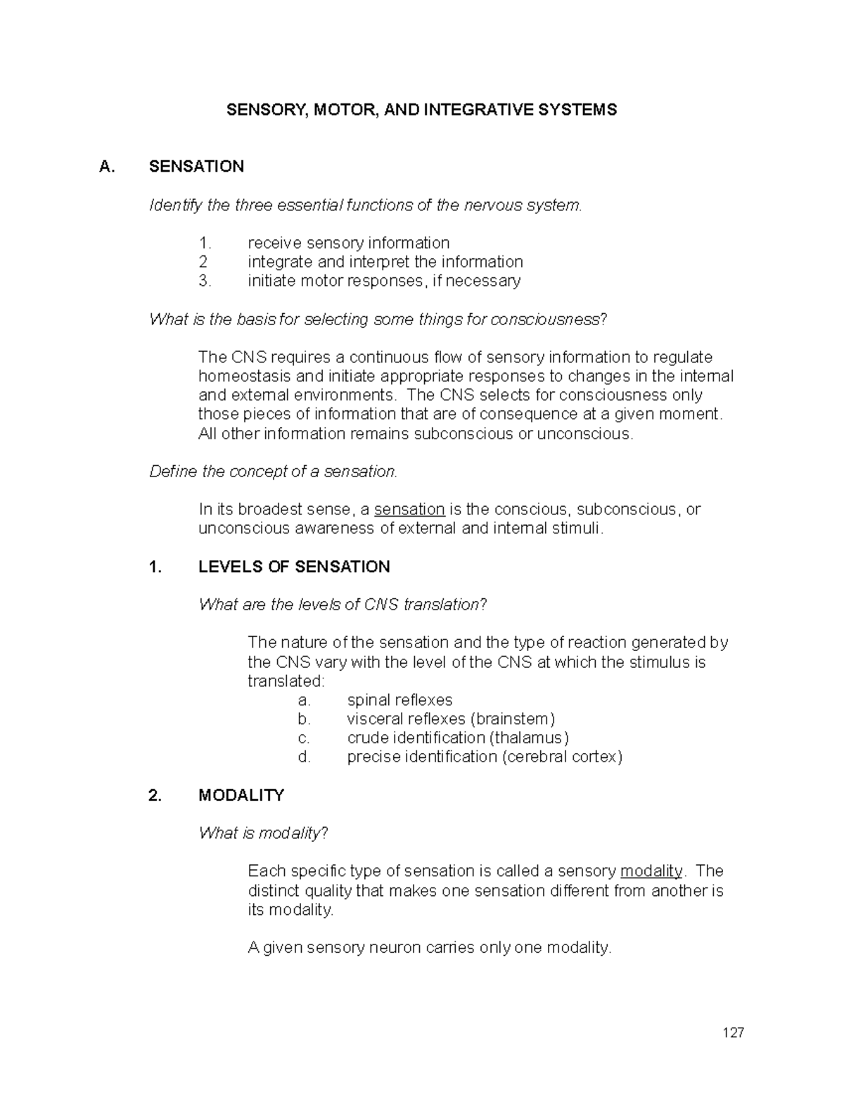 Study Guide 14 Sensory Motor And Integrative Systems - SENSORY, MOTOR ...