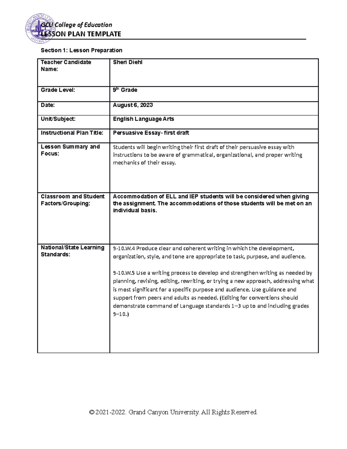 Lesson Plan #1 Eng 470 - Assignment - LESSON PLAN TEMPLATE Section 1 ...