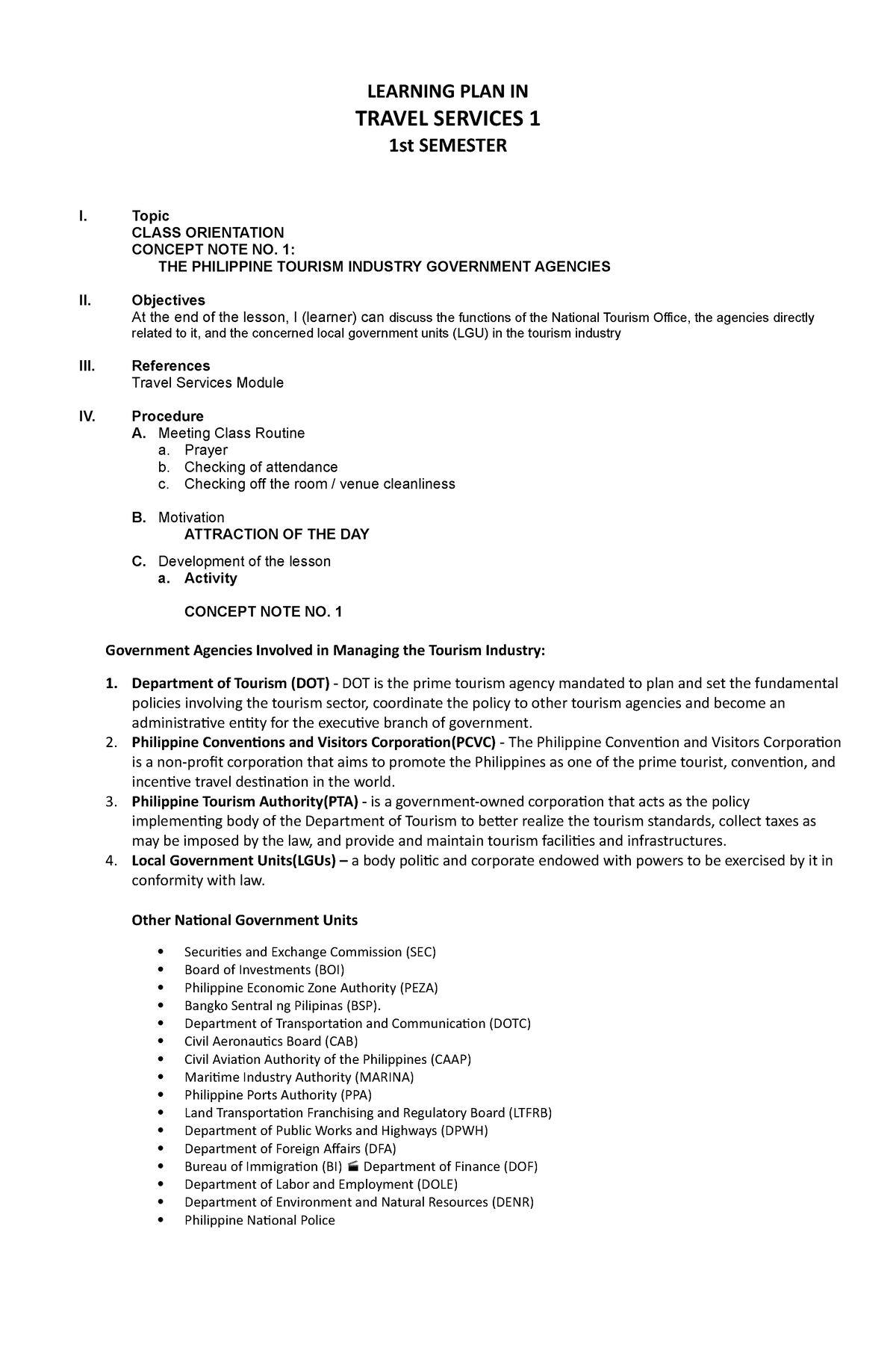 SHS Travel Services Lesson 1 - LEARNING PLAN IN TRAVEL SERVICES 1 1st ...