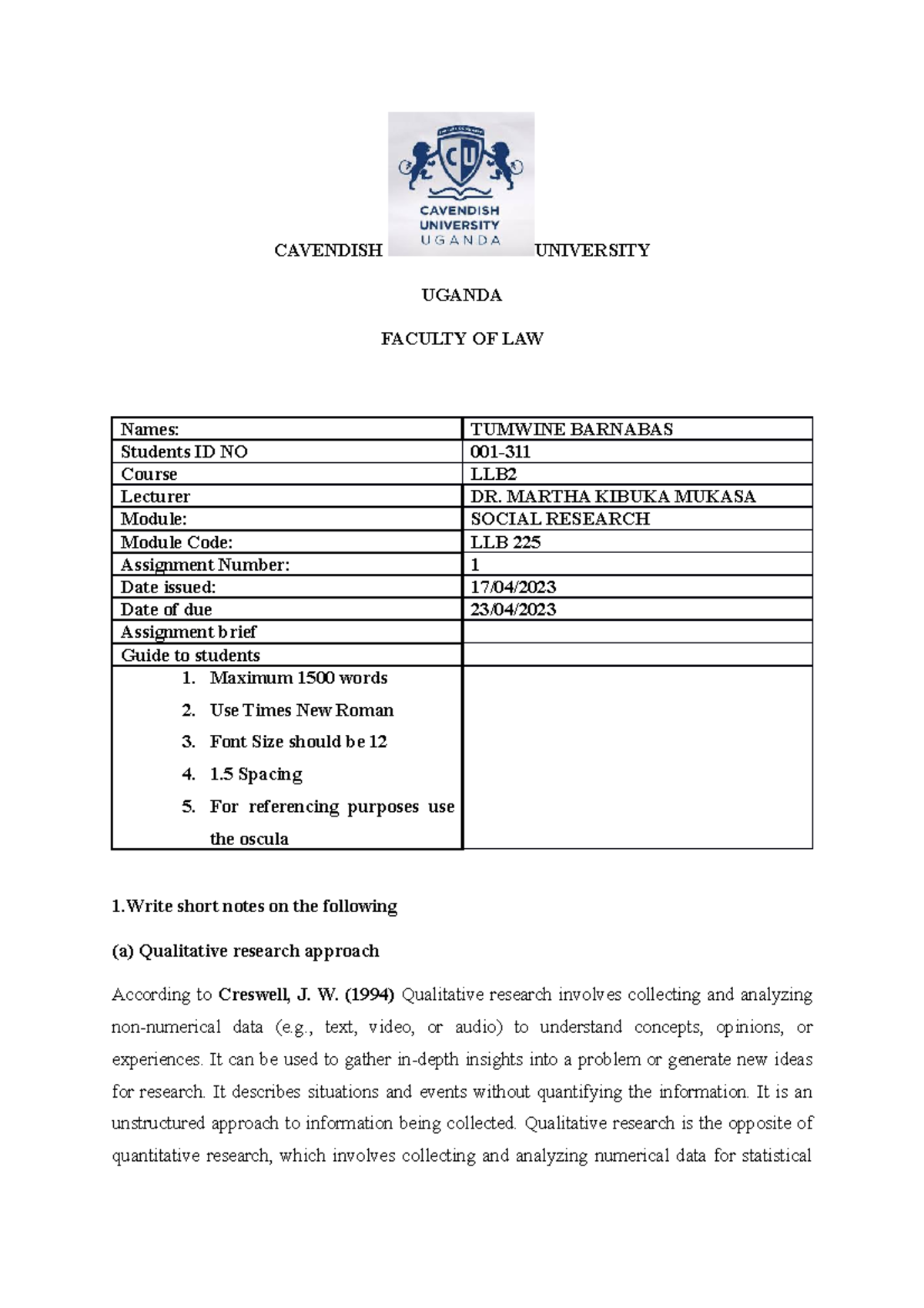 cavendish university assignment cover page pdf