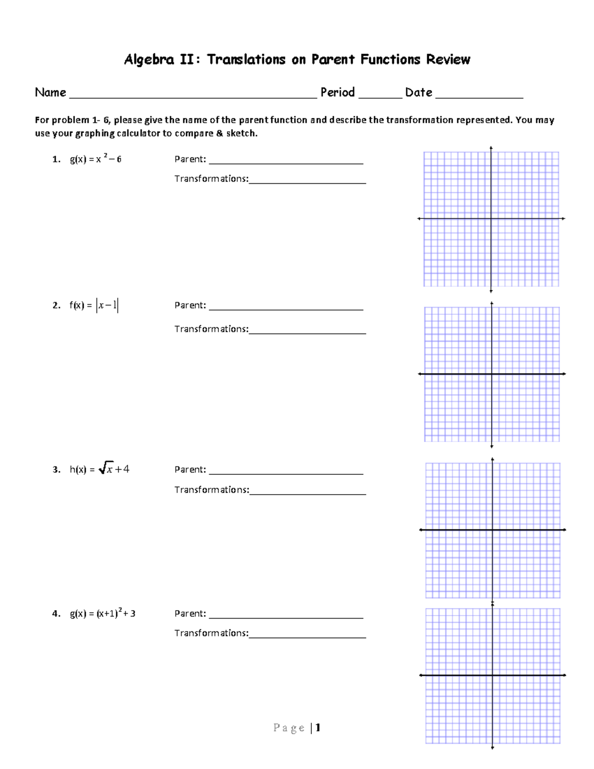 Parent Function Worksheet practice 1 - Algebra II: Translations on ...