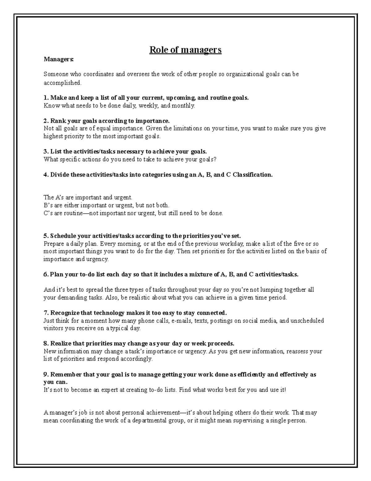 Role of managers - Lecture notes 1-2 - Role of managers Managers ...