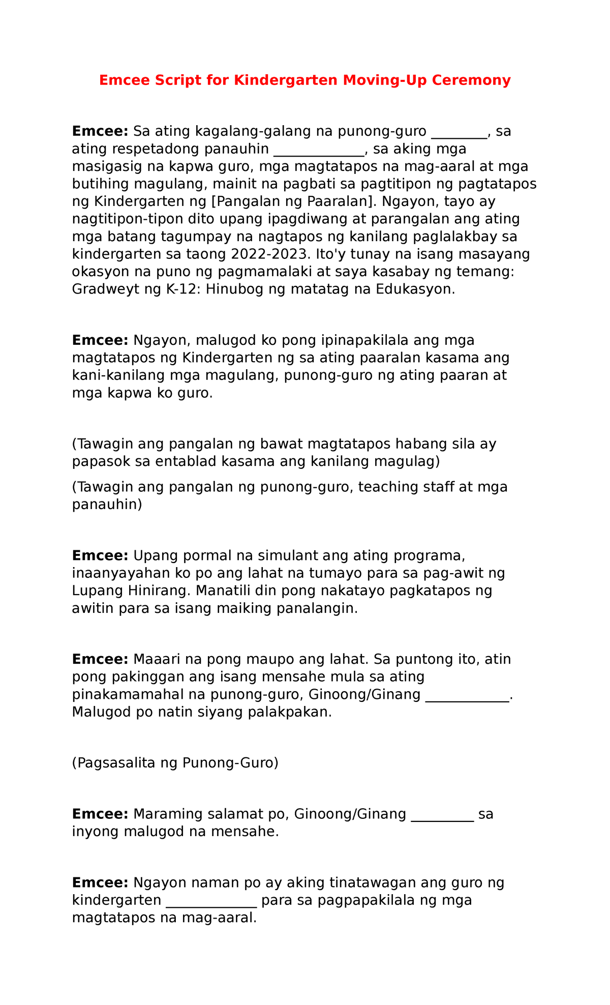sample speech for kindergarten moving up ceremony tagalog