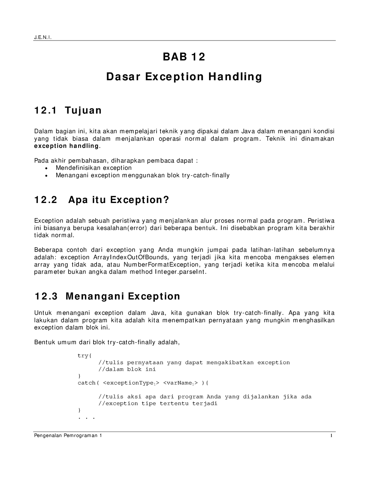 Bab12-Dasar Exception Handling - BAB 1 2 D A Sa R Ex Ce Pt Ion H A N ...