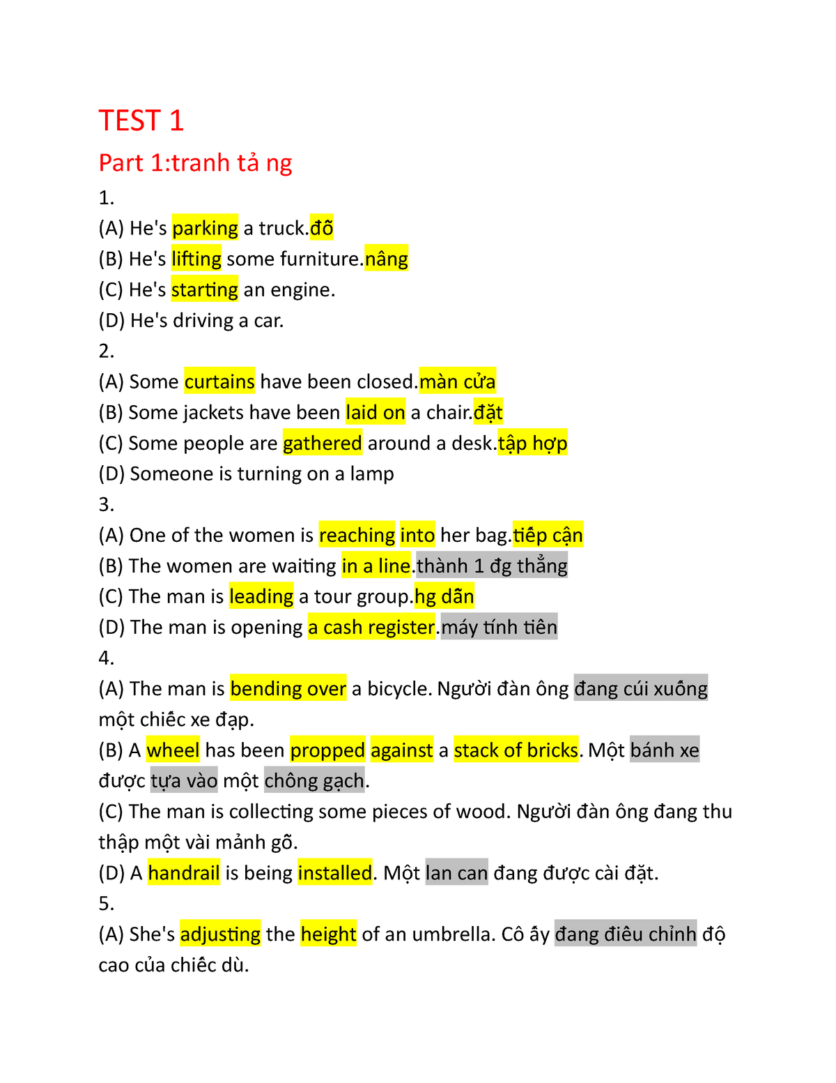 TEST 1 - Mmmmmmmmmm - TEST 1 Part 1:tranh T ảng 1. (A) He's Parking A ...