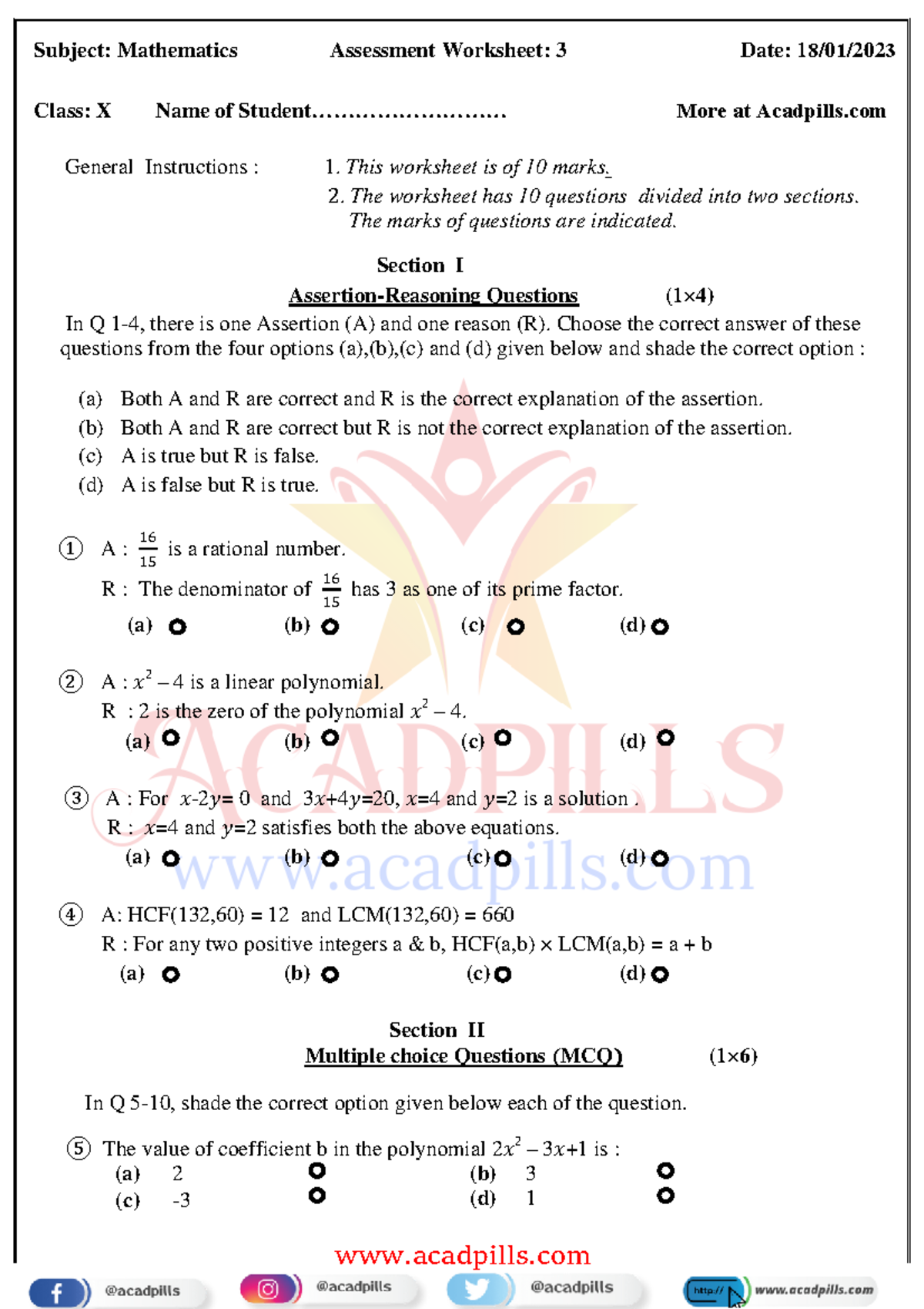 Math Assessment Worksheet 3 - Subject: Mathematics Assessment Worksheet ...