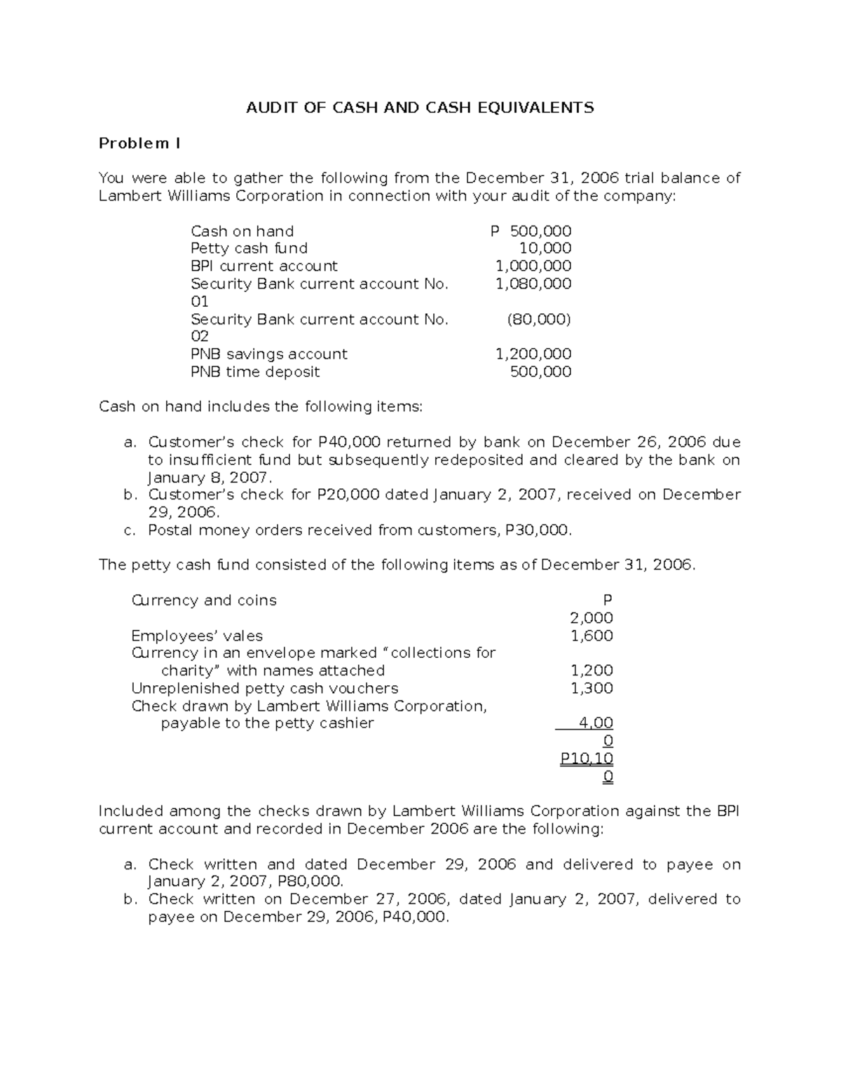 APCASHCASH Equivalents Exercises14 AUDIT OF CASH AND CASH