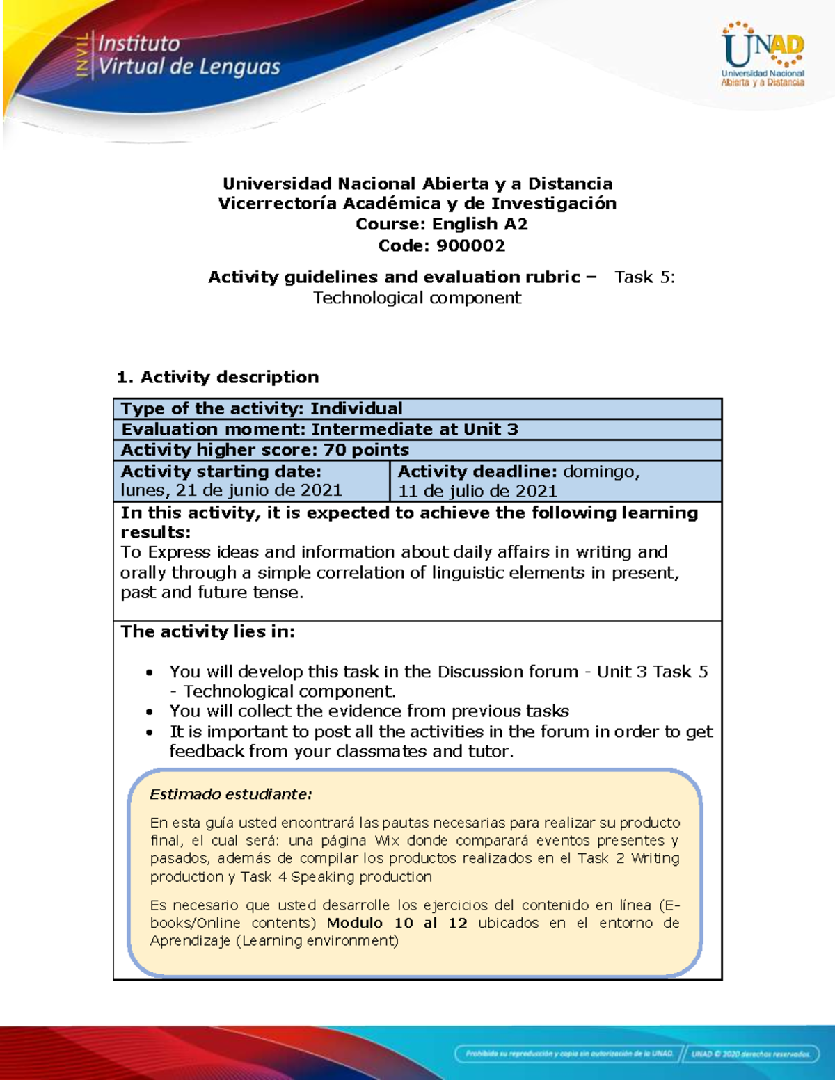 Activity guide and evaluation rubric - Unit 3 - Task 5 - Technological ...