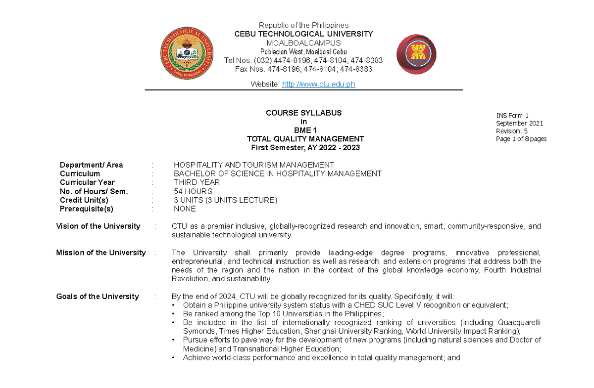 Bme Syllabus 11 BSHM INSTRUCTOR COURSE SYLLABUS in BME 1 TOTAL