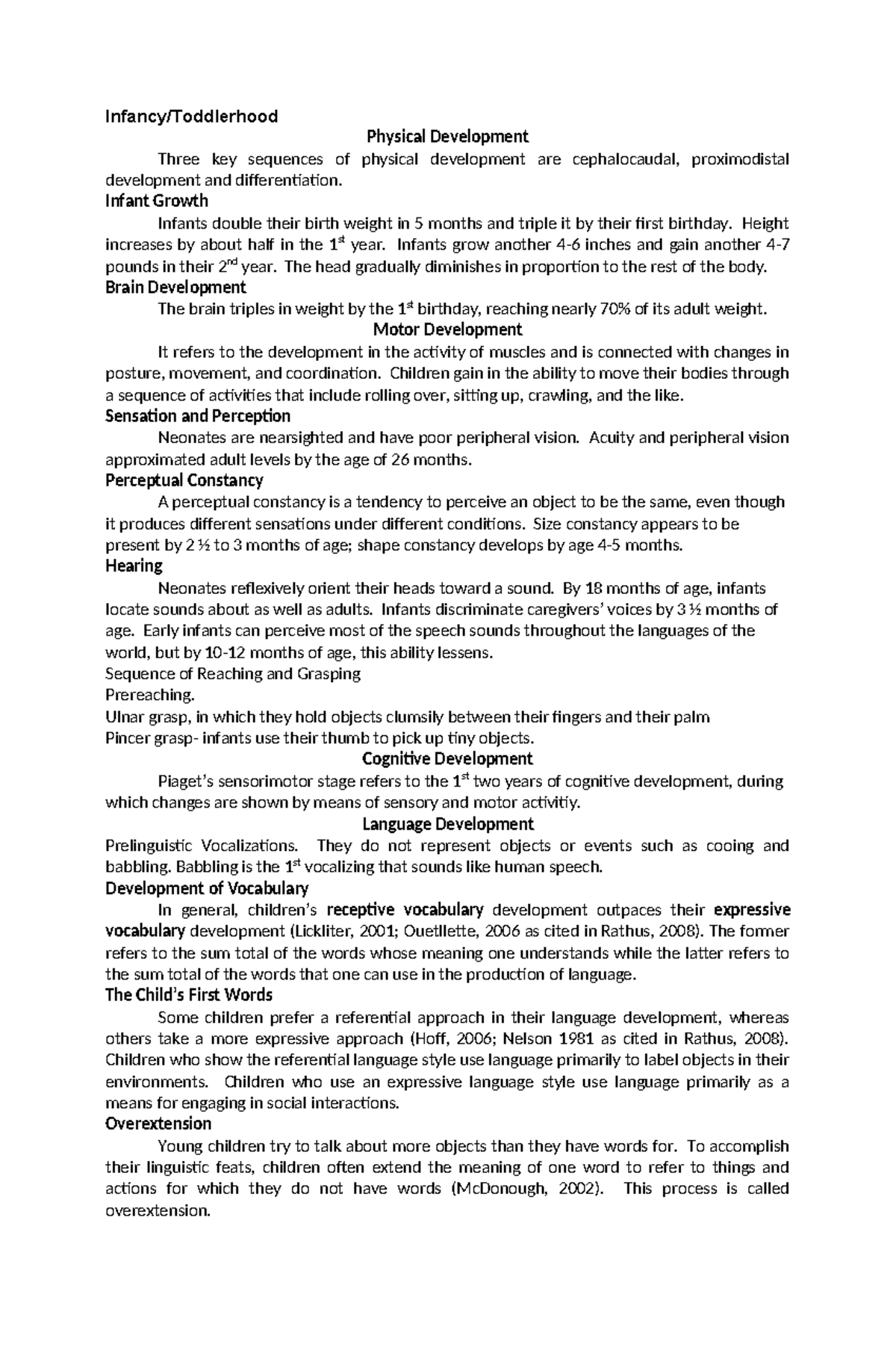 Lecture Notes Infancy - Assignment - Infancy/Toddlerhood Physical ...