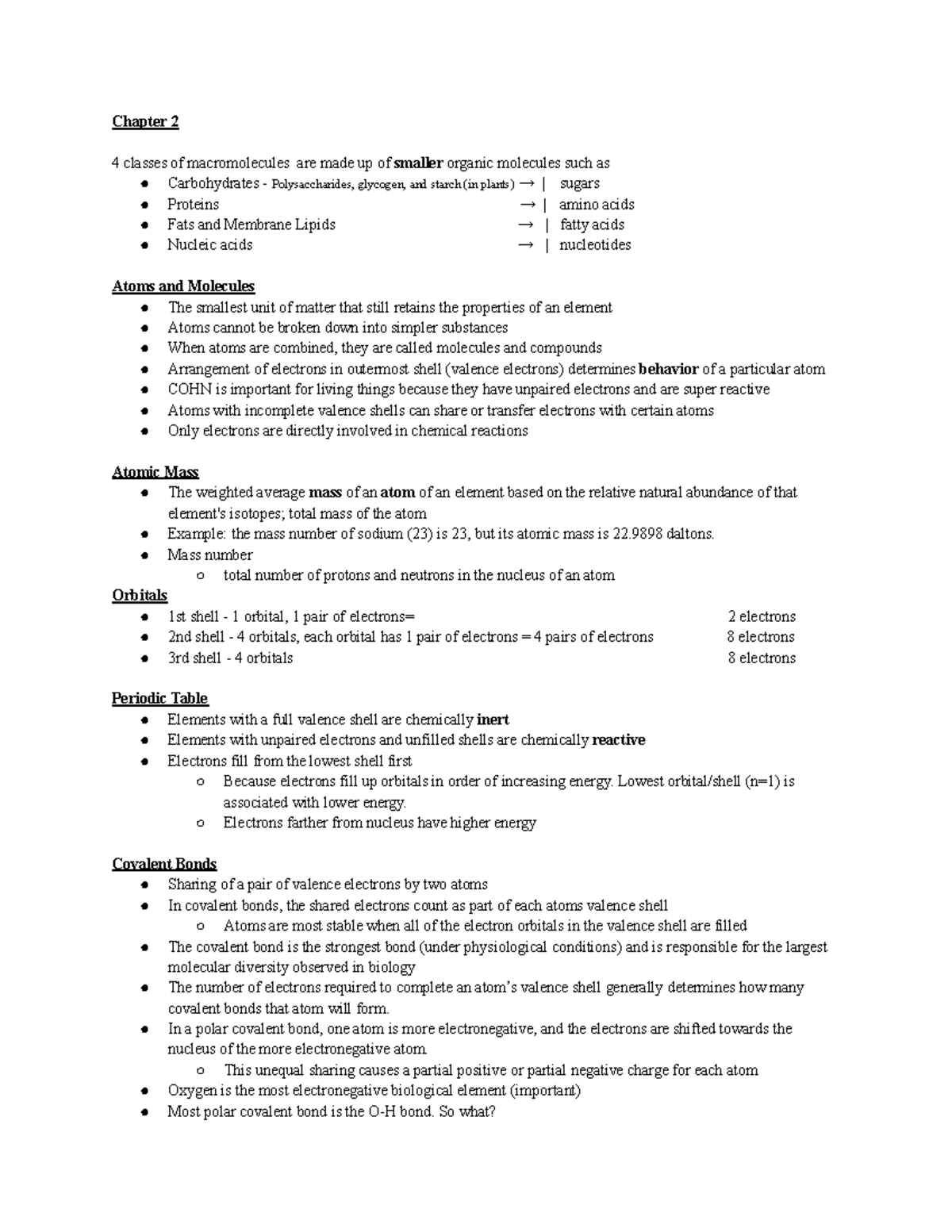 BIO 202 Exam 1 Notes - Hopefully this helps with your exam - Chapter 2 ...