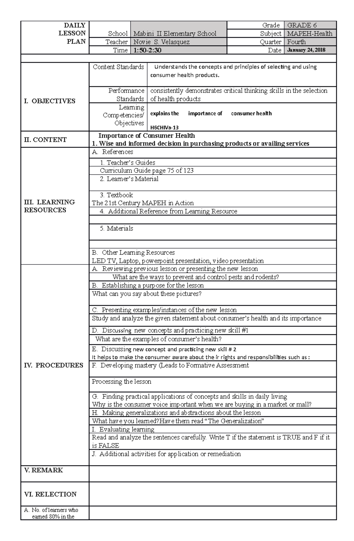 DLP Mapeh-Health (4 - Lesson - DAILY LESSON PLAN School Mabini II ...