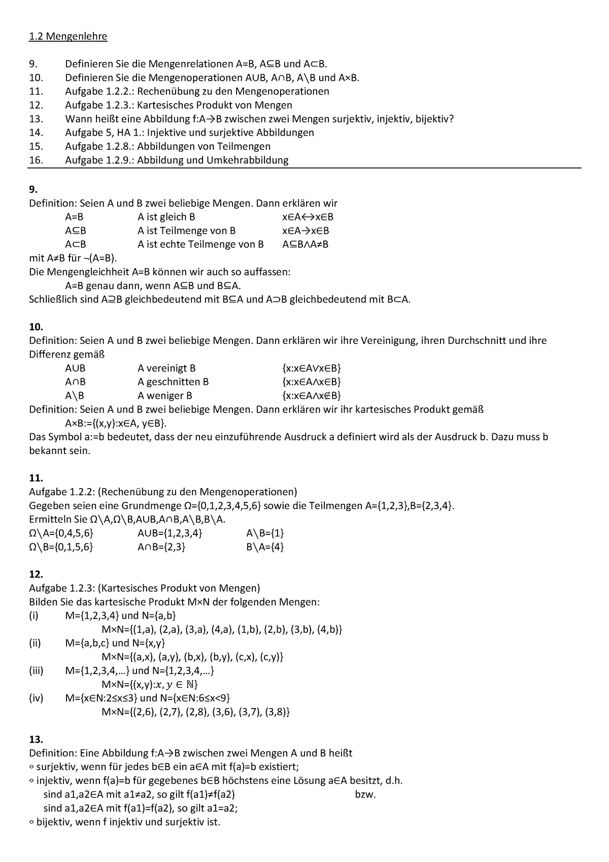 Klausurvorbereitung Fröhlich, Kapitel 1.2 Mengenlehre - 1 Mengenlehre ...