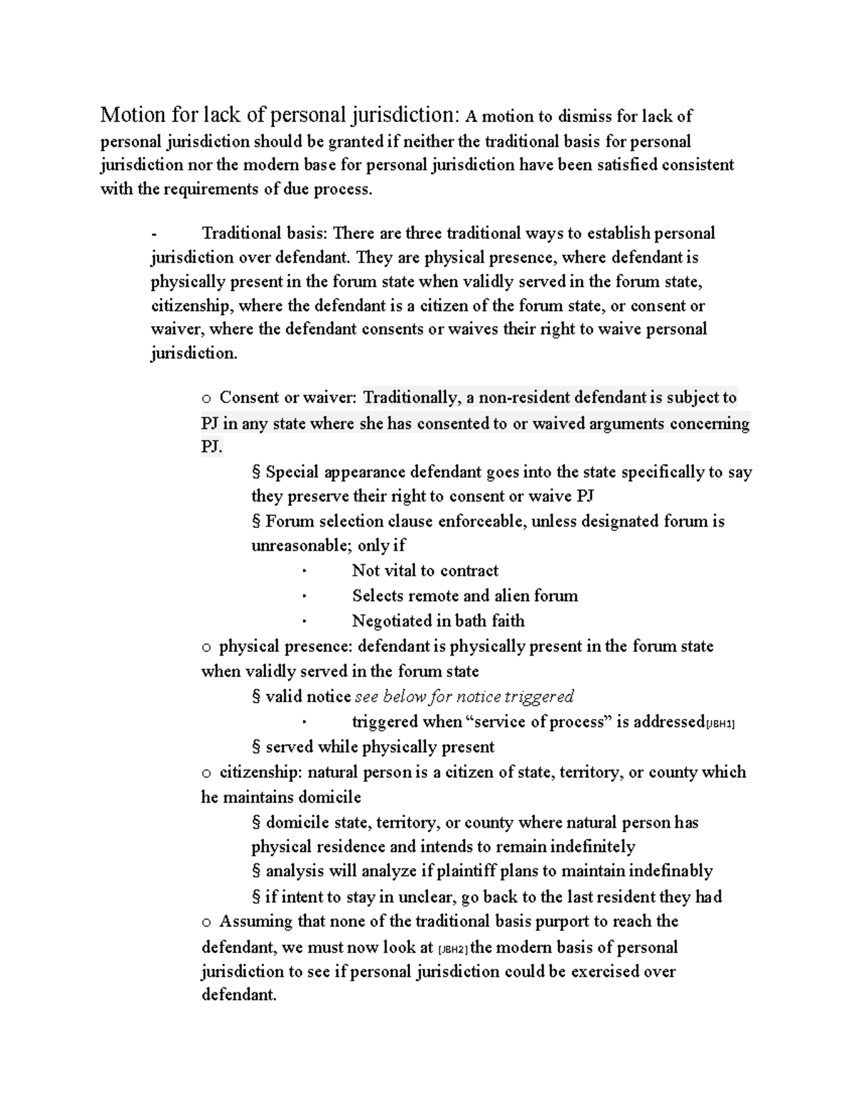 Civil Procedure 1 attack sheet Motion for lack of personal