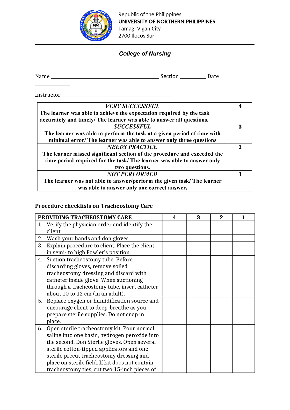 Checklists For Trache Care - Republic Of The Philippines University Of 