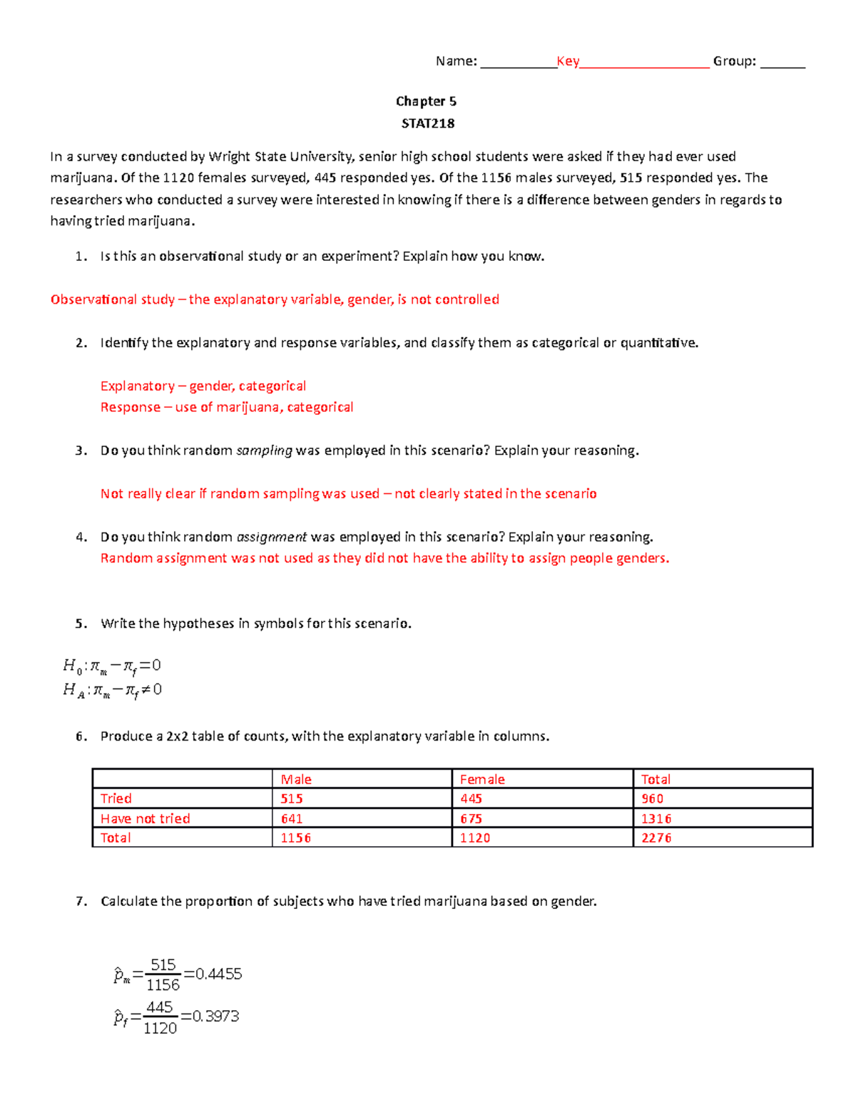 Chapter 5 Review key - Lecture notes 5 - Name: Key_______ Group ...