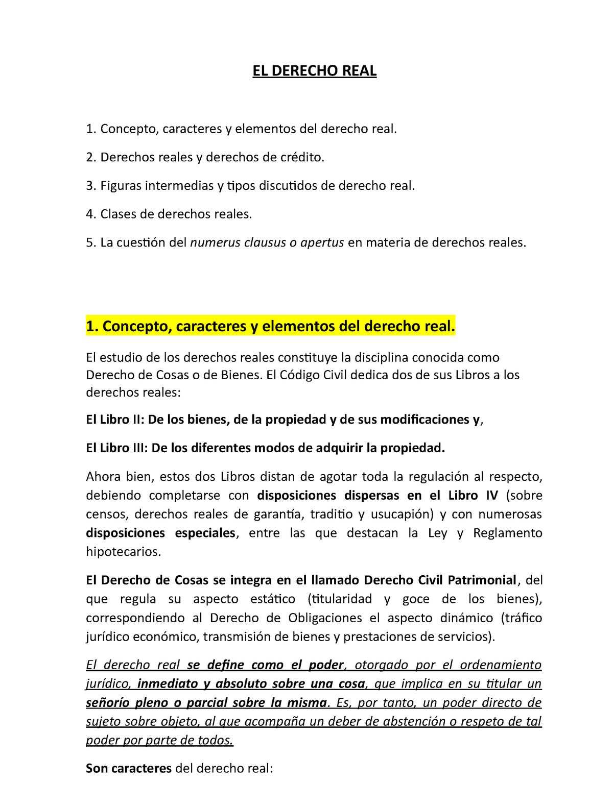 Tema Derechos Reales El Derecho Real Caracteres Y Elementos Del