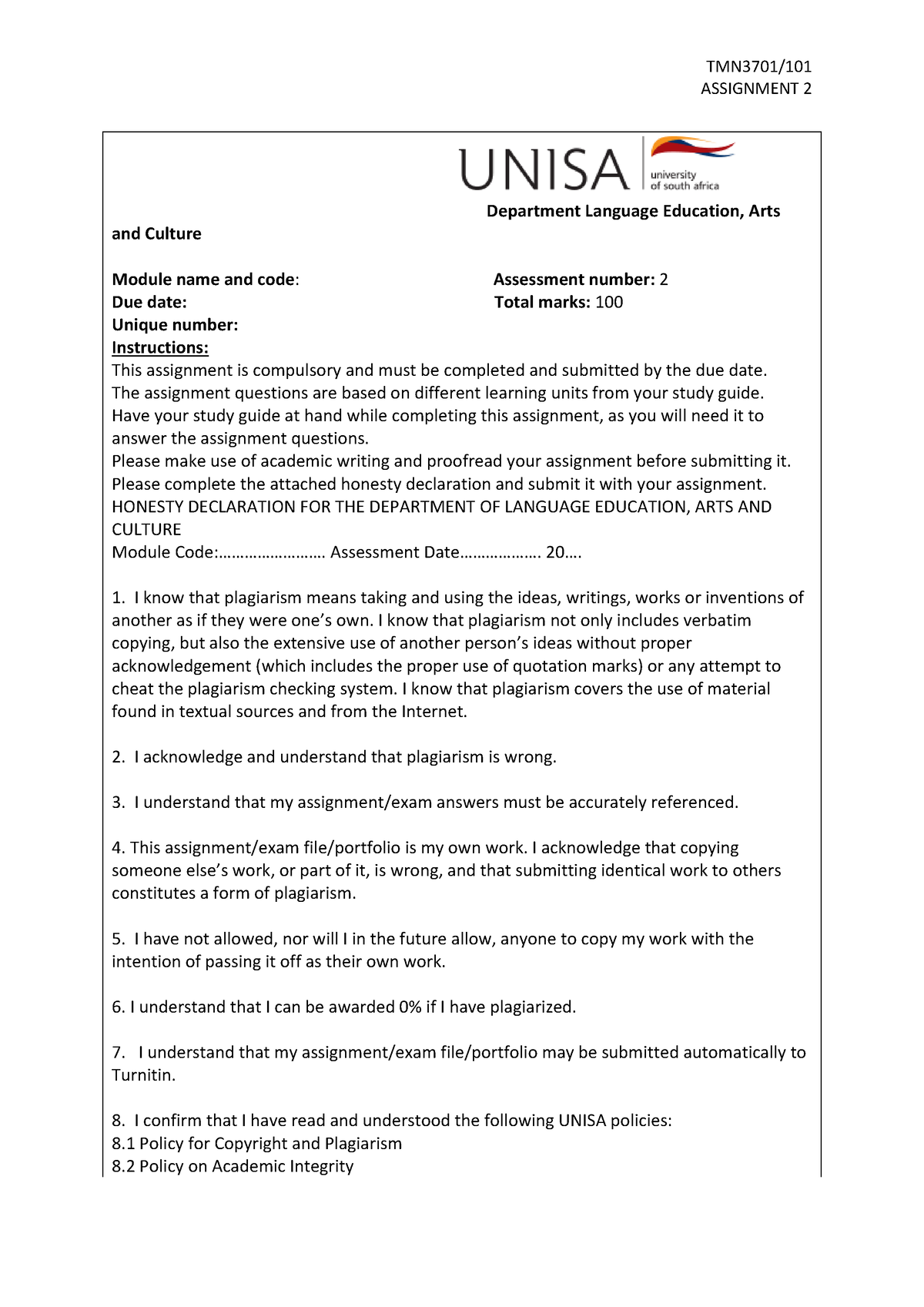 TMN3701 Assignment 2 Final - ASSIGNMENT 2 Department Language Education ...