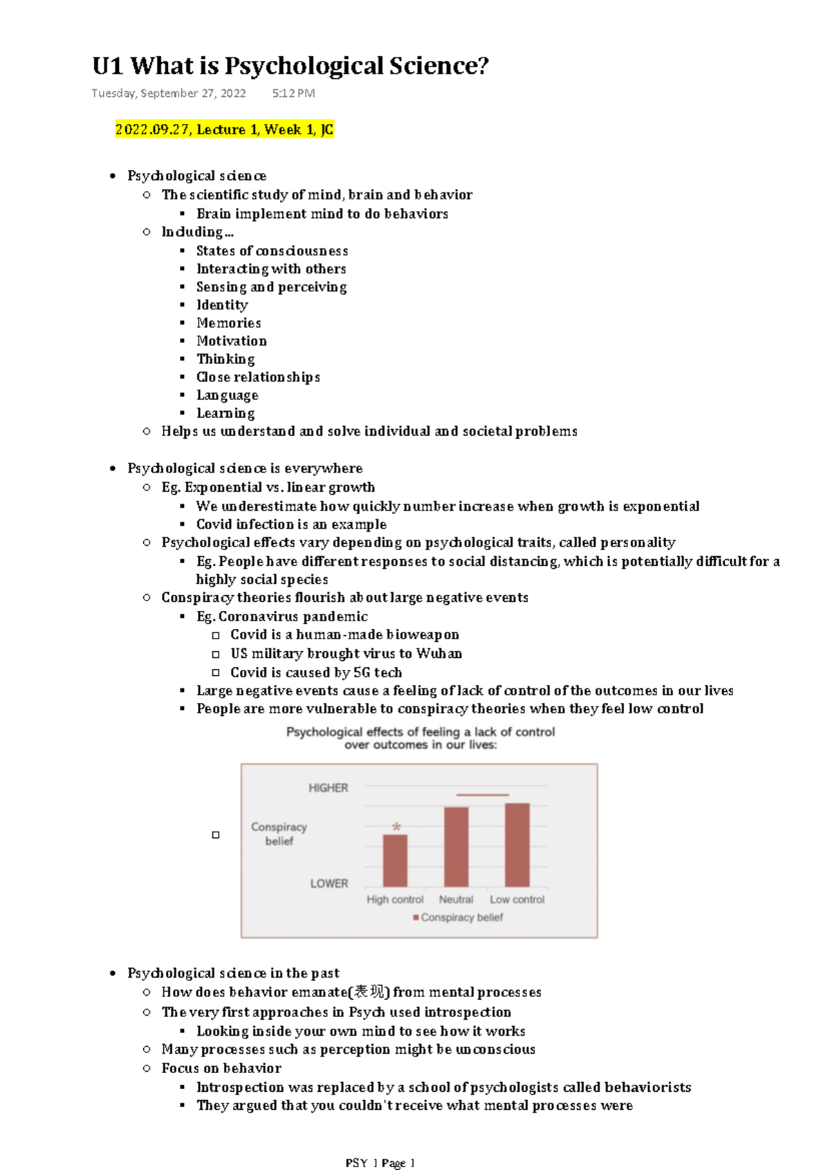 PSY 1 220927 Lecture Notes - Psychological Science The Scientific Study ...