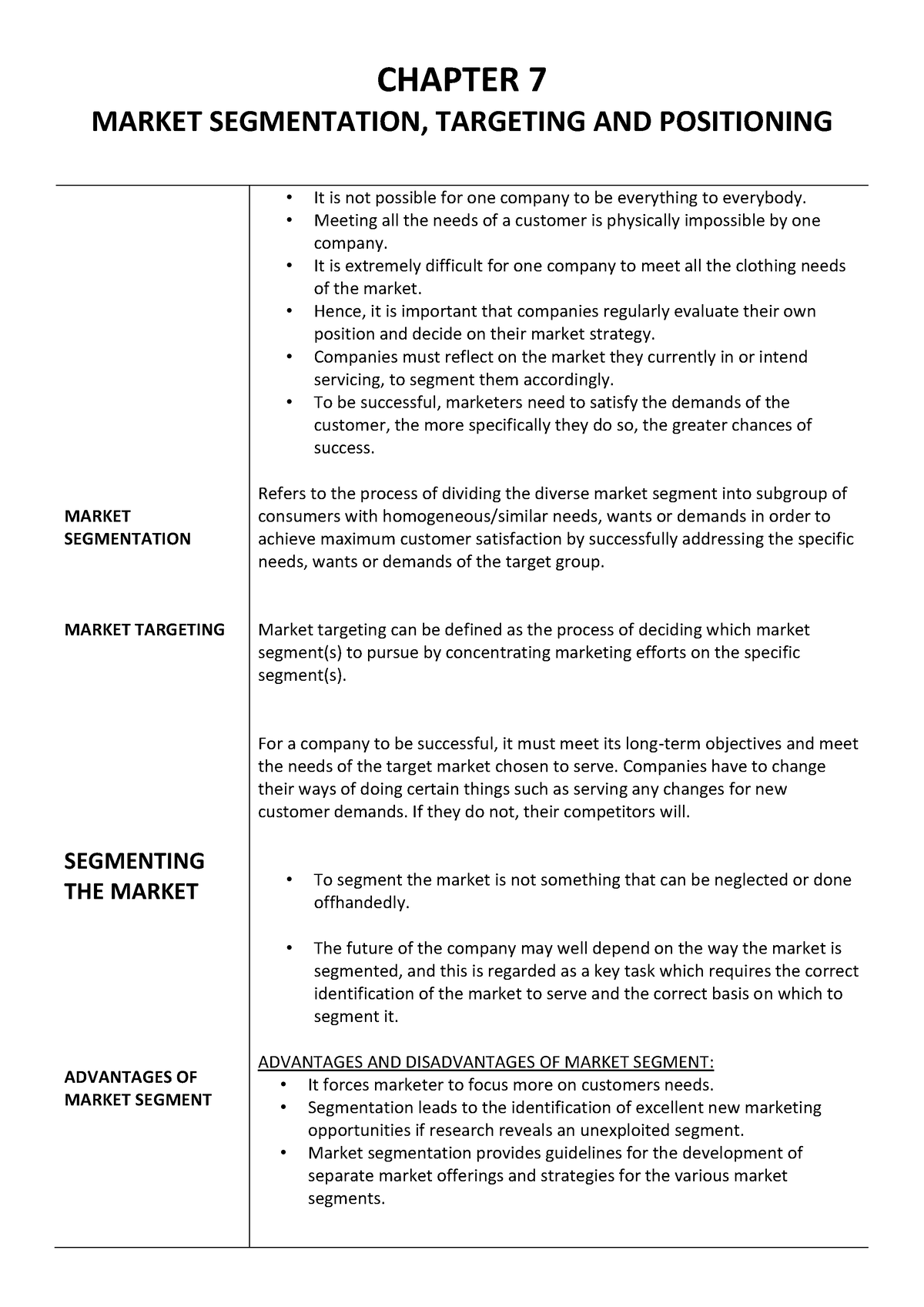 Ebus Ch7 - Chapter Summaries - Chapter 7 Market Segmentation, Targeting 