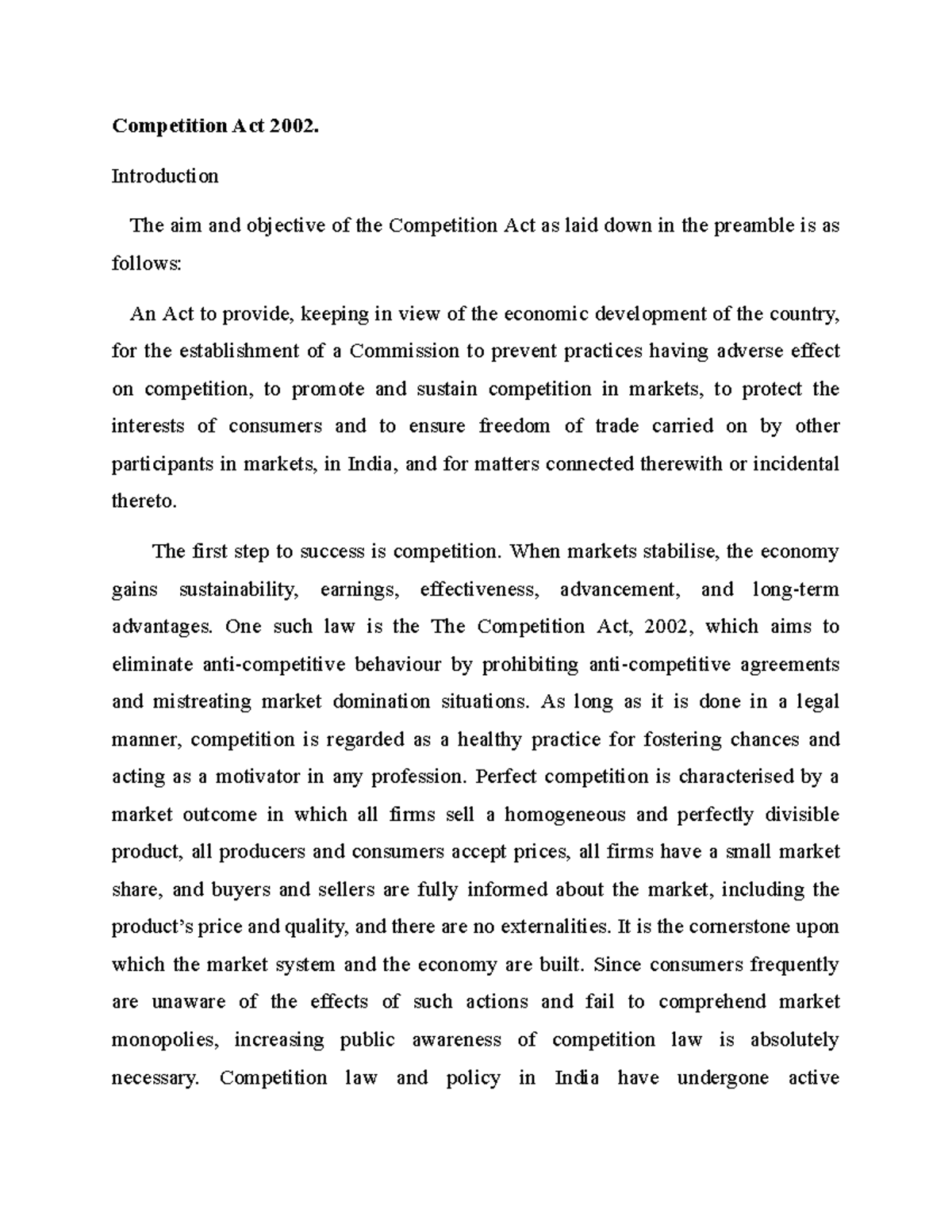 Comp act study material - Competition Act 2002. Introduction The aim ...