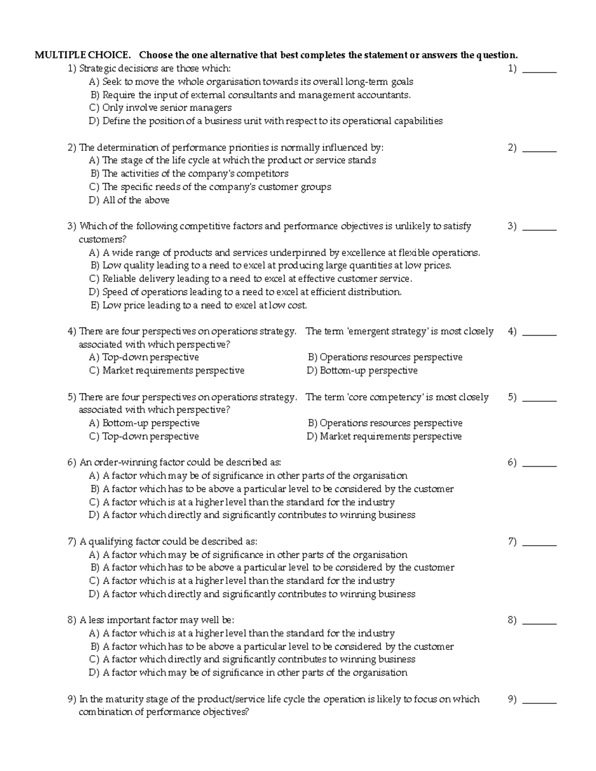 0273731602-tspl - Operations management - MULTIPLE CHOICE. Choose the ...