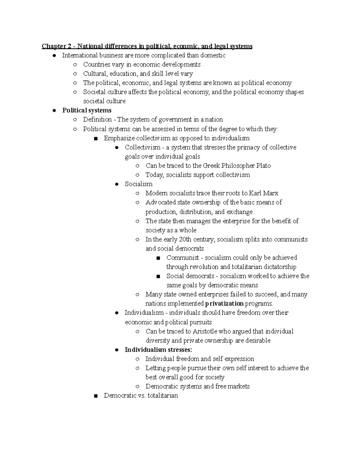 BT 360 Chapter 2 notes - Chapter 2 - National differences in political ...