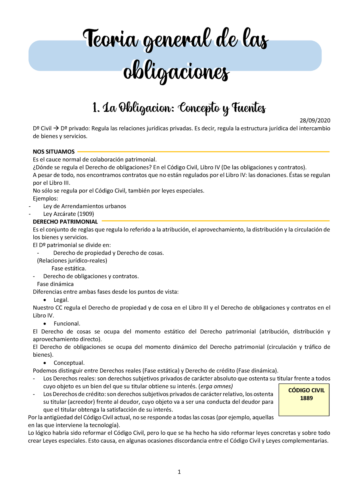 1. Teoria General De Las Obligaciones - 1. La Obligacion: Concepto Y ...