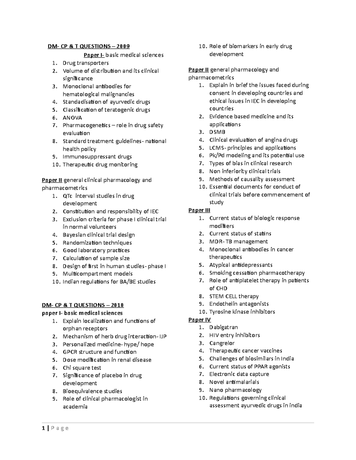 Exam 1 January 2010, questions DM CP & T QUESTIONS 2009 Paper I