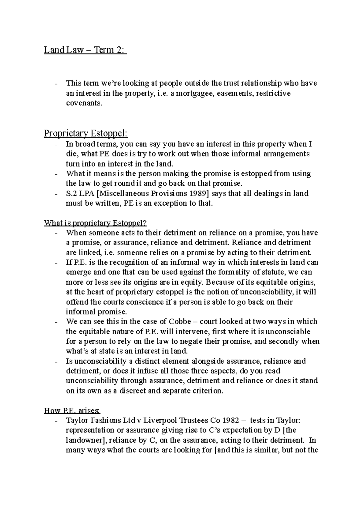 Land Law – Term 2 - Lecture notes 1-10 - Land Law – Term 2: - This term ...