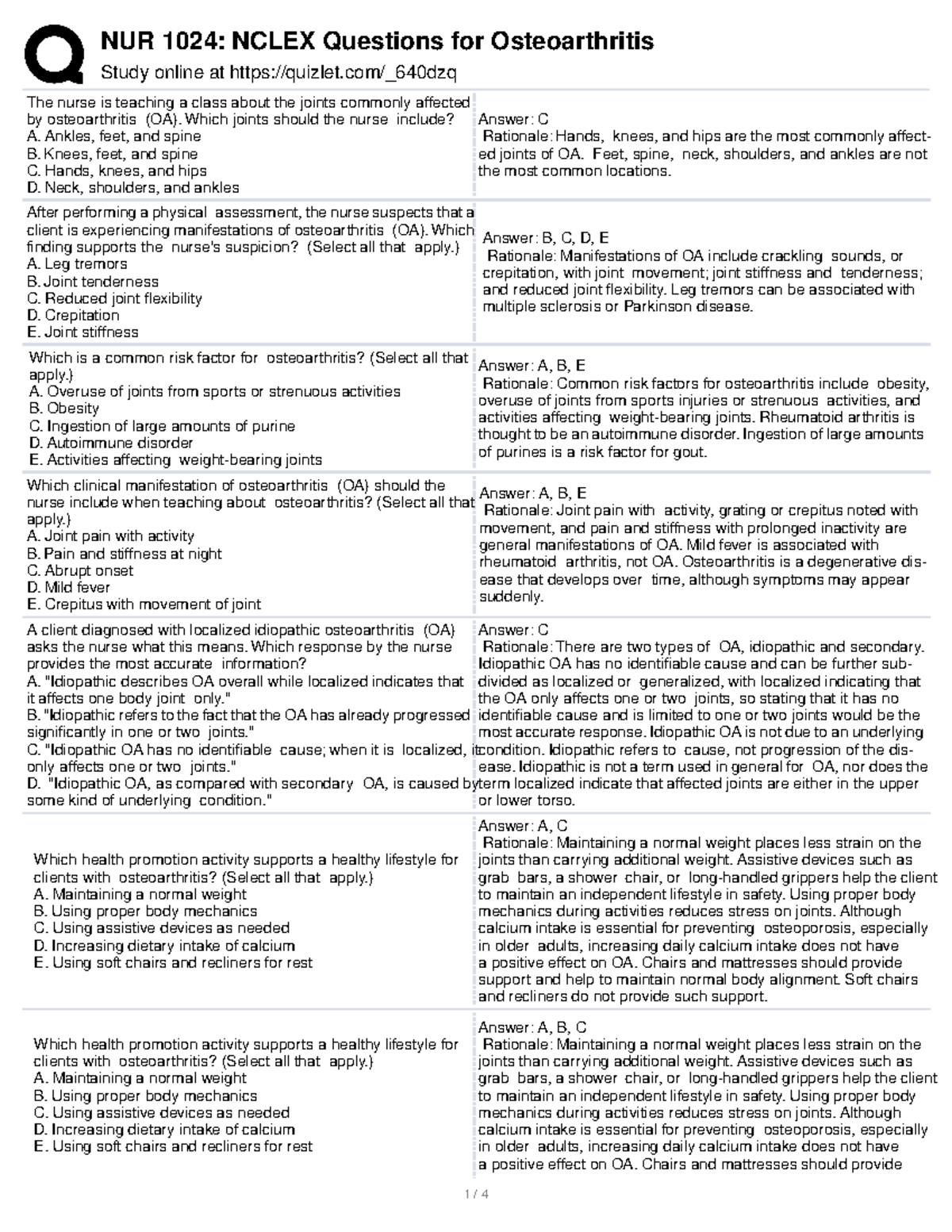 NUR 1024 Nclex Questions for Osteoarthritis - Study online at quizlet ...