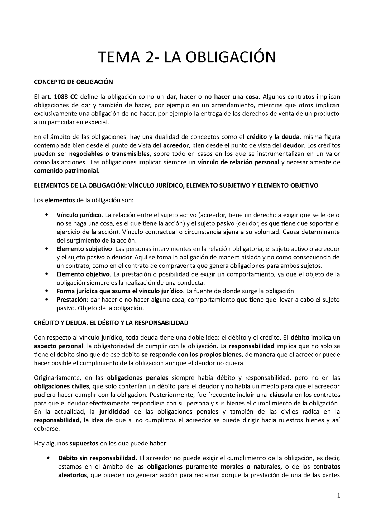 Tema 2 La Obligación Tema 2 La ObligaciÓn Concepto De ObligaciÓn El Art 1088 Cc Define La 9971