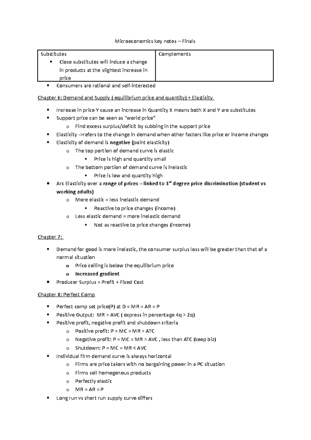 Micro Key Notes - Nil - Microeconomics Key Notes – Finals Substitutes 