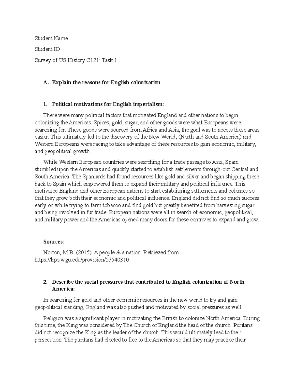 Survey of US History C121 - Task 1 2022 - C121 - WGU - Studocu