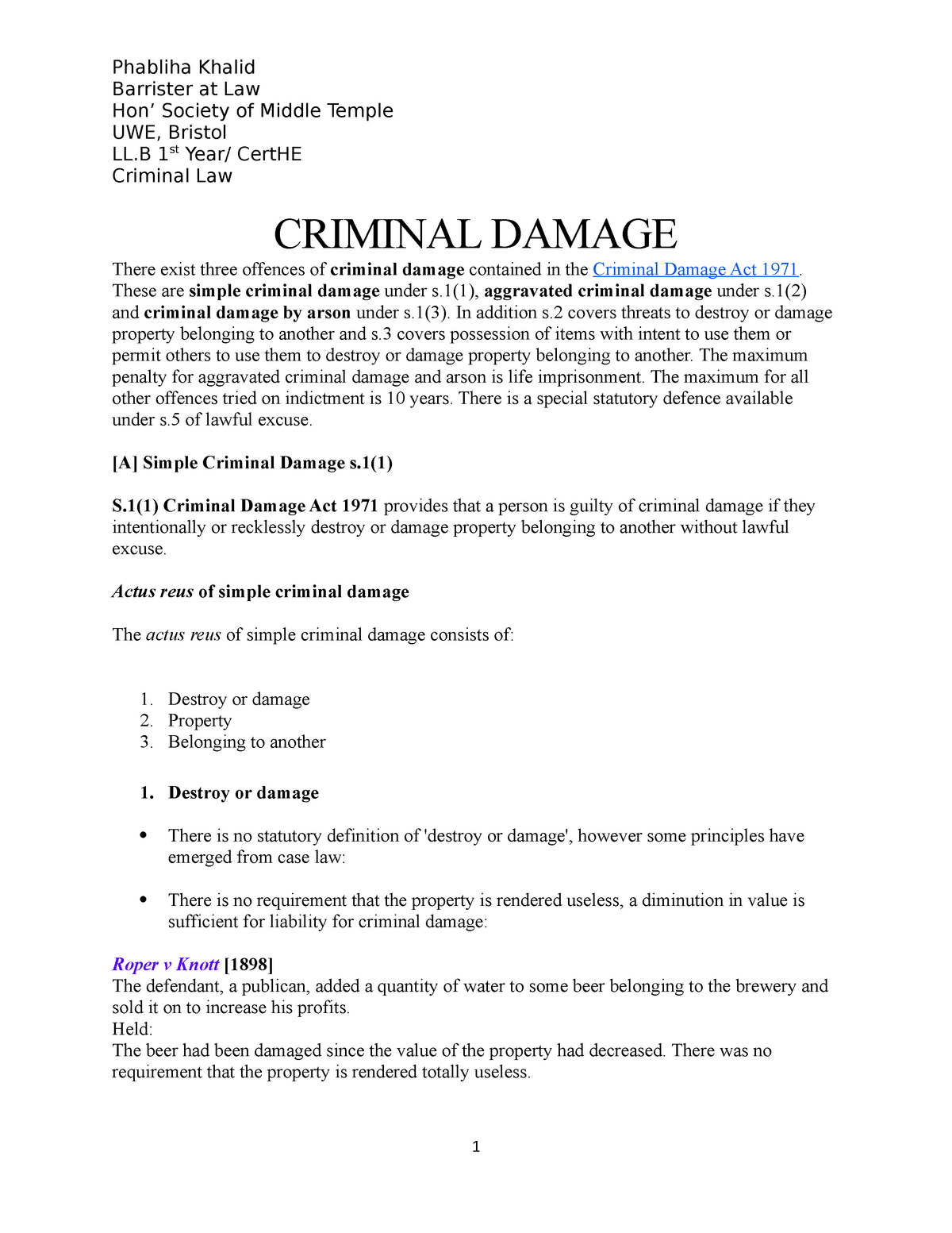 Criminal Damage These Are Simple Criminal Damage Under S 1 