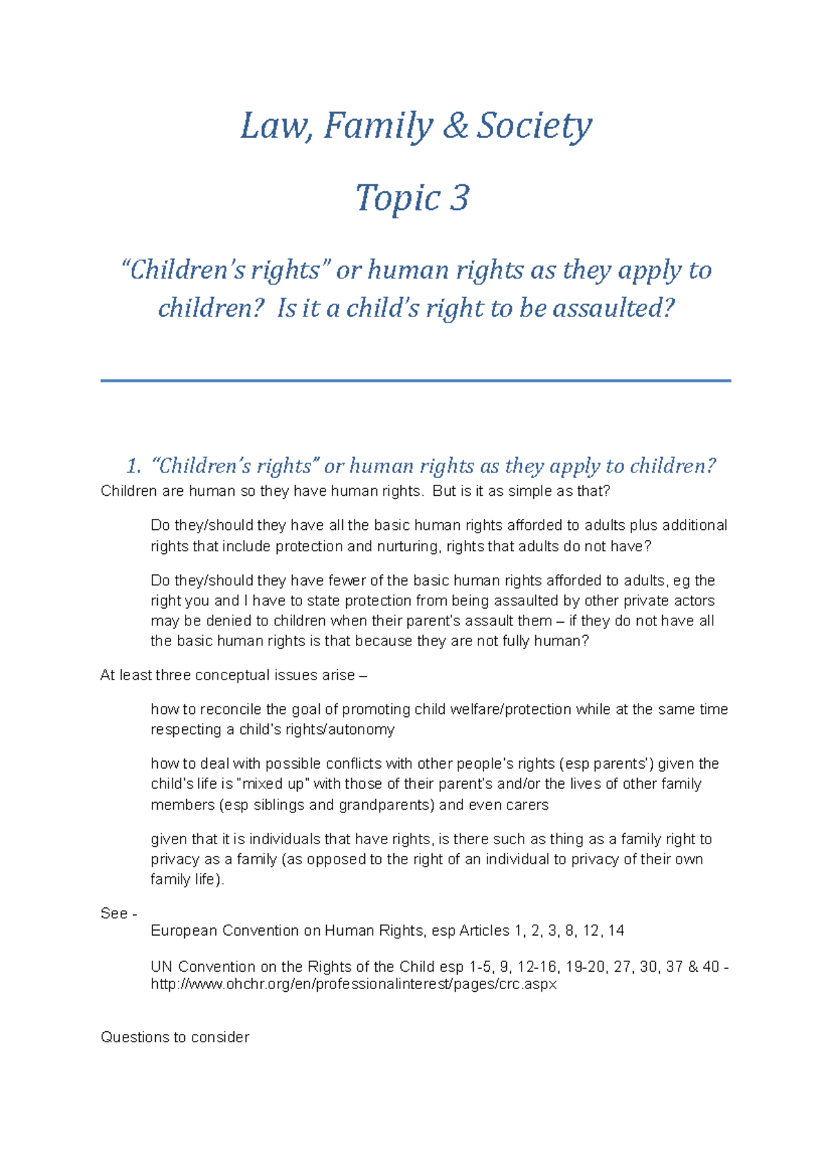 Overview Part 6 - Law, Family & Society Topic 3 “Children’s rights” or ...