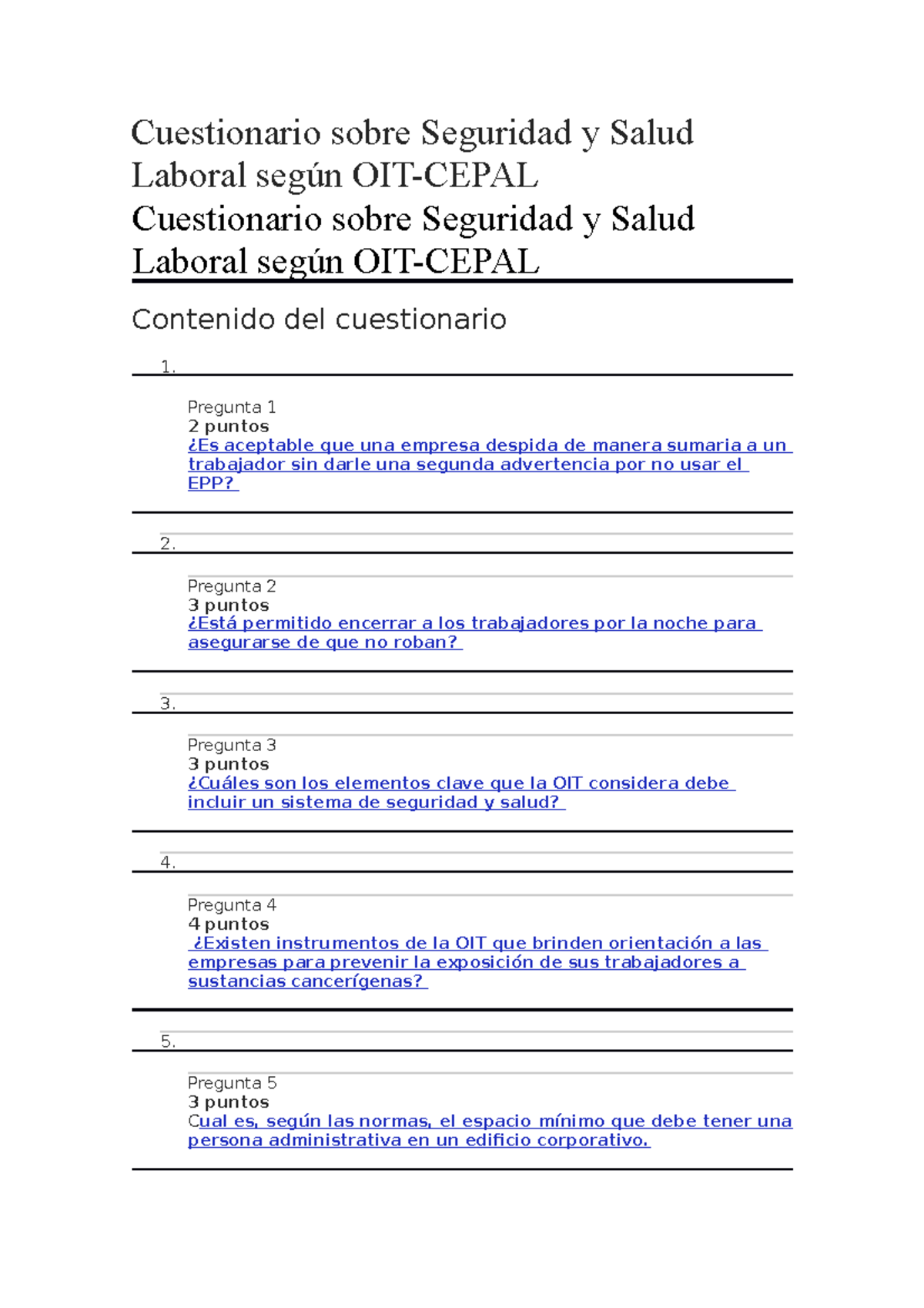 Cuestionario Sobre Seguridad Y Salud Laboral Según OIT - Cuestionario ...