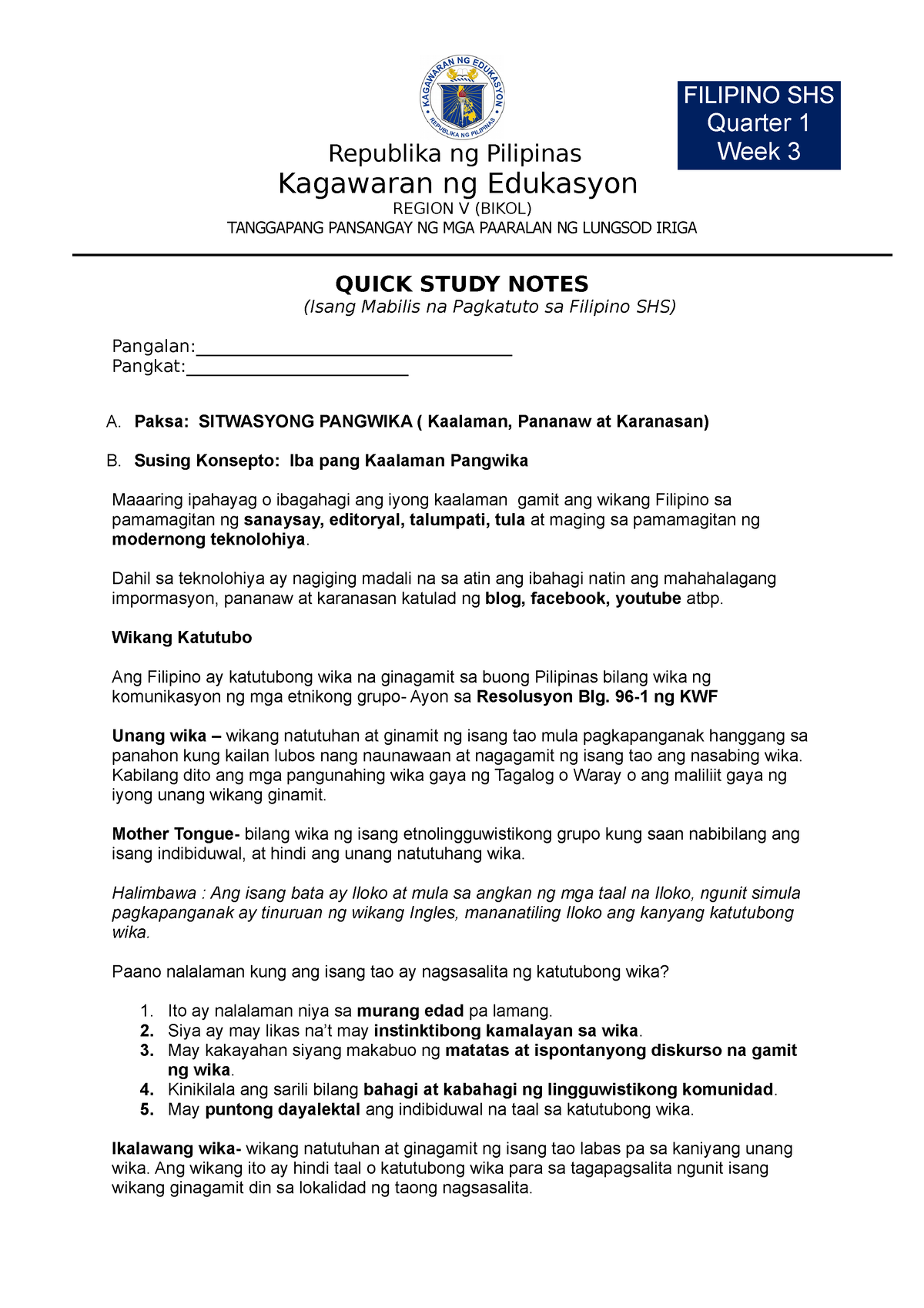 Qns Shs Komunikasyon Q1 M3grade 10 Filipino Republika Ng Pilipinas