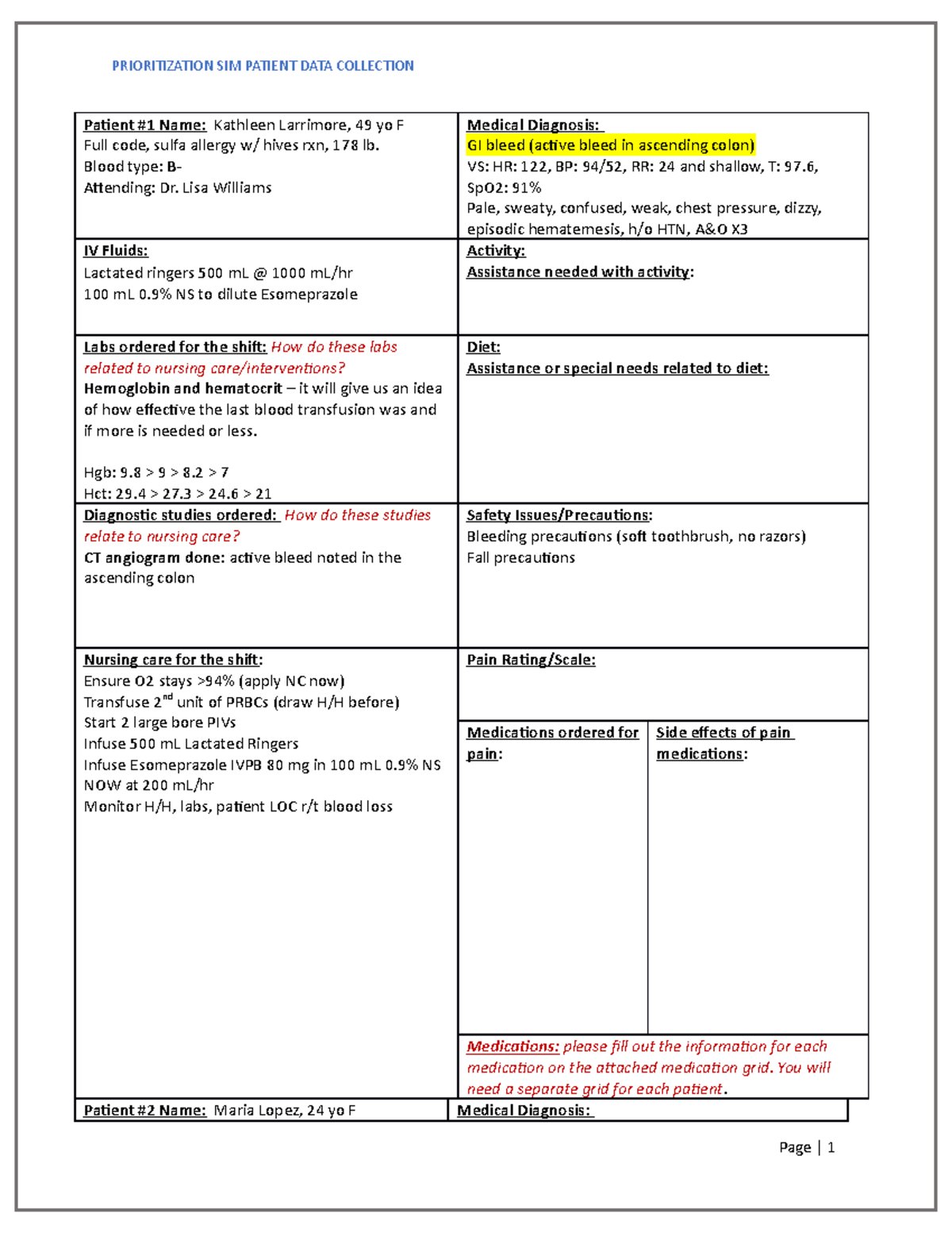 Patient Data Collection Table - Patient #1 Name: Kathleen Larrimore, 49 ...