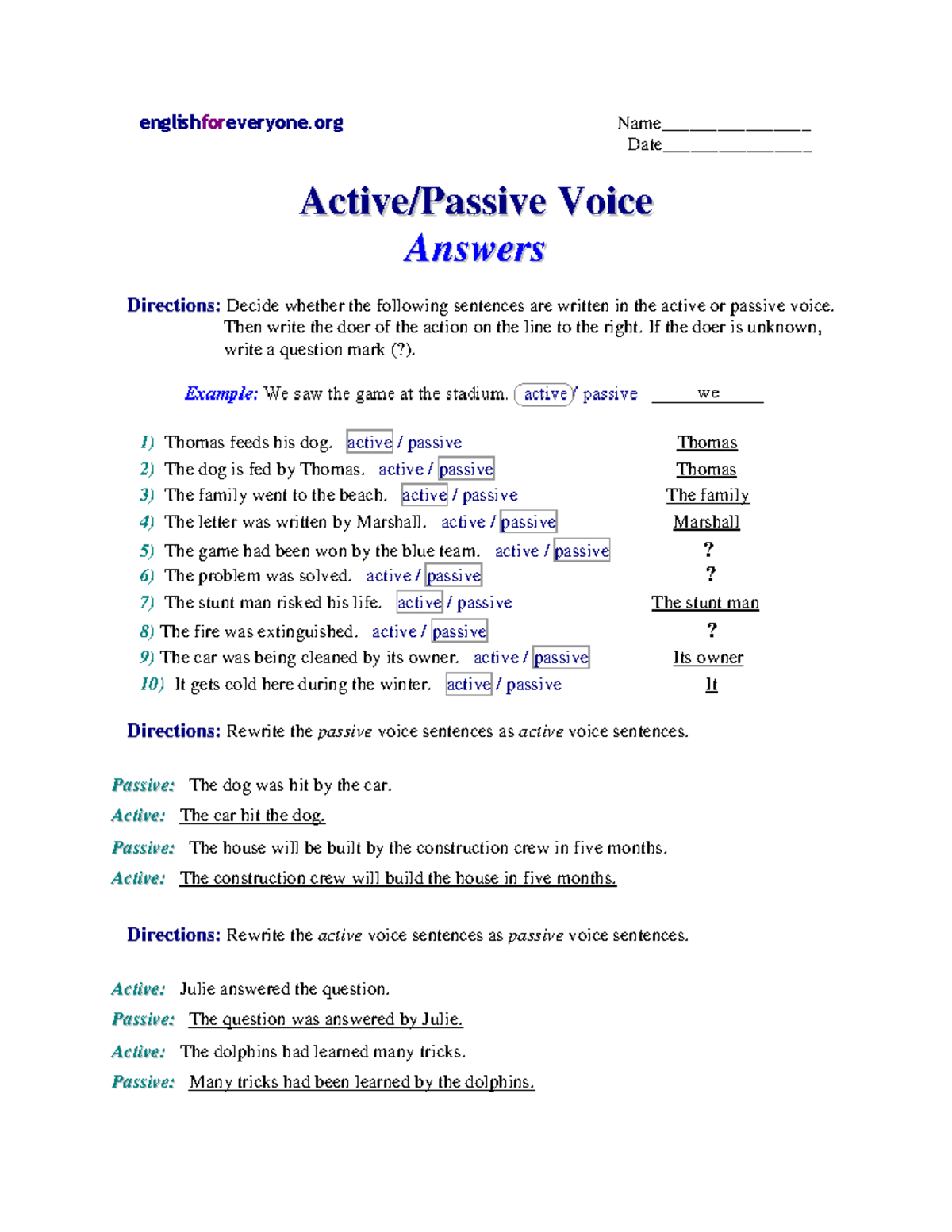 Active - Passive Voice - answers - englishforeveryone Name ...