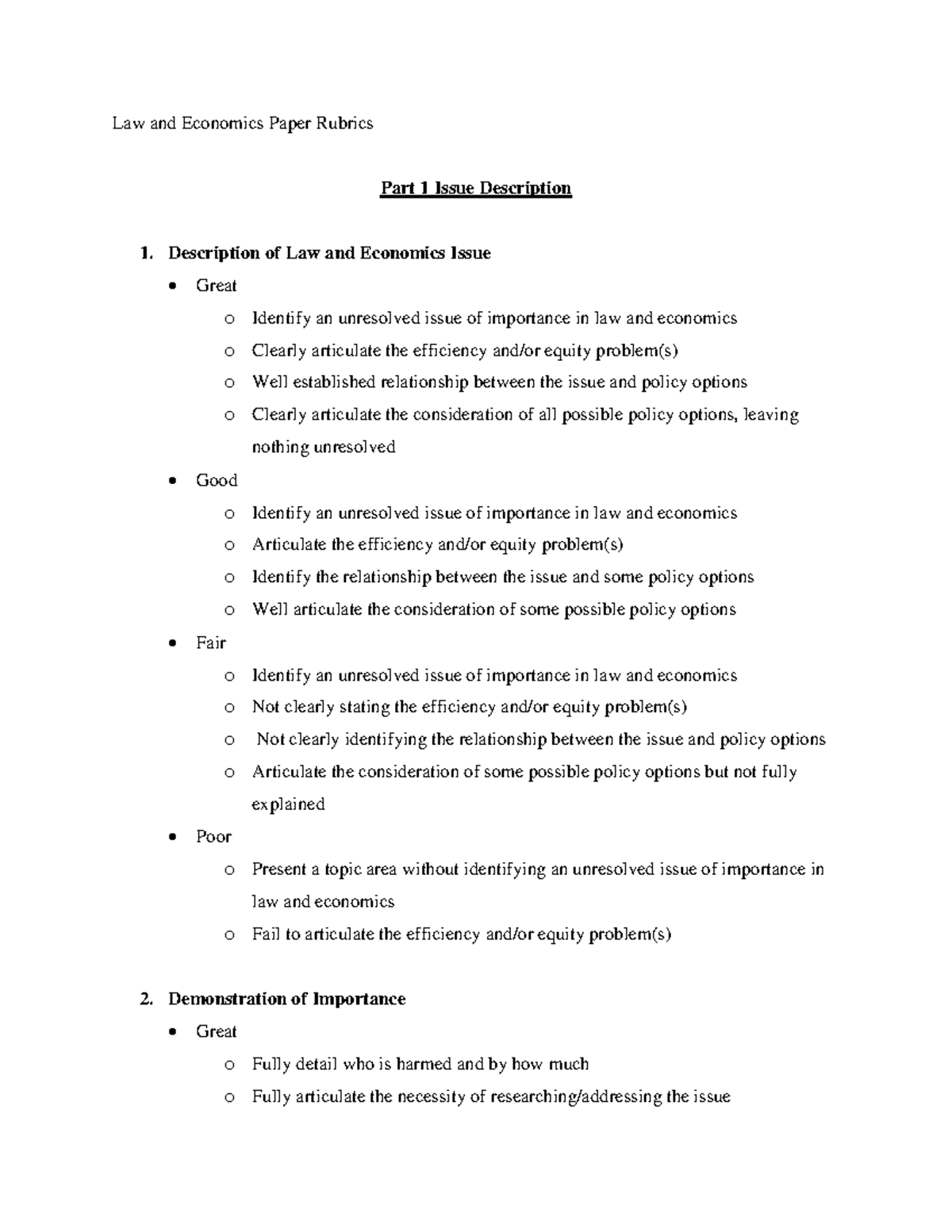 rubric for economics assignment