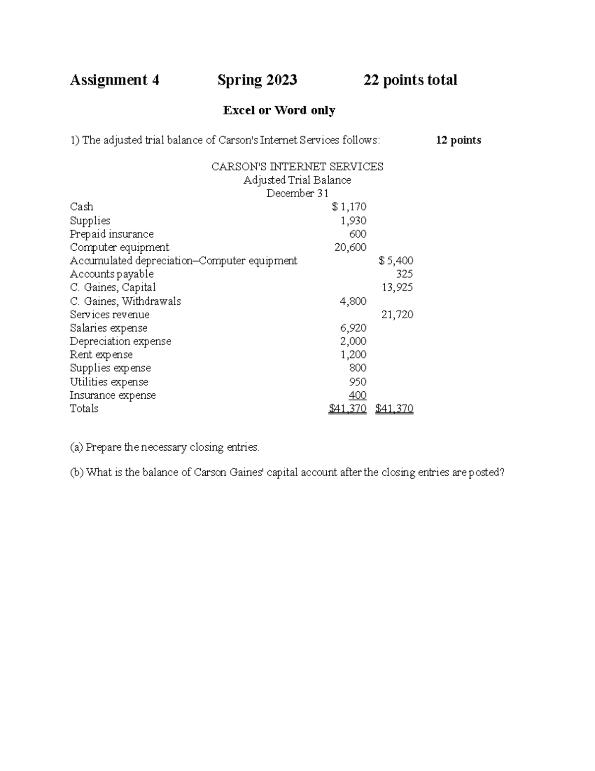 closing entries assignment