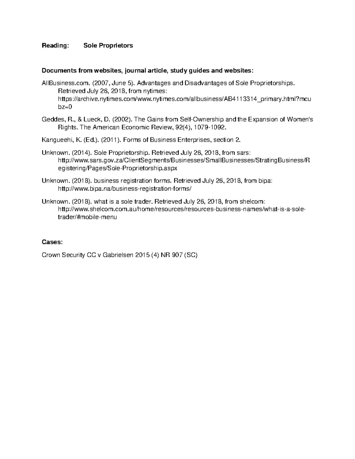 Reading Sole Traders Notes suitable for assignments and examinations