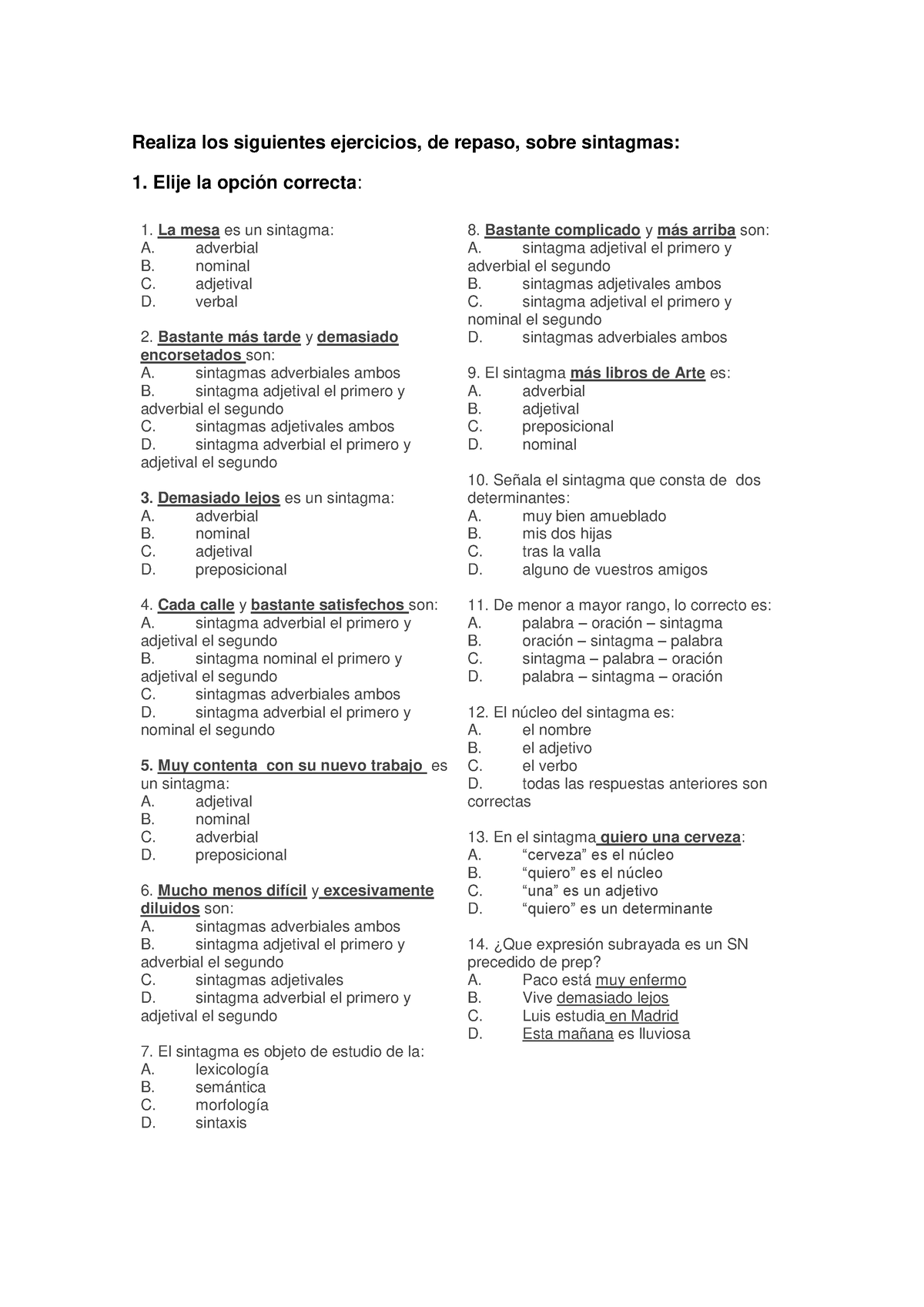 2 º Eso Profesora Carmen Calderón Ejercicios Sobre Sintagmas Realiza Los Siguientes 5755