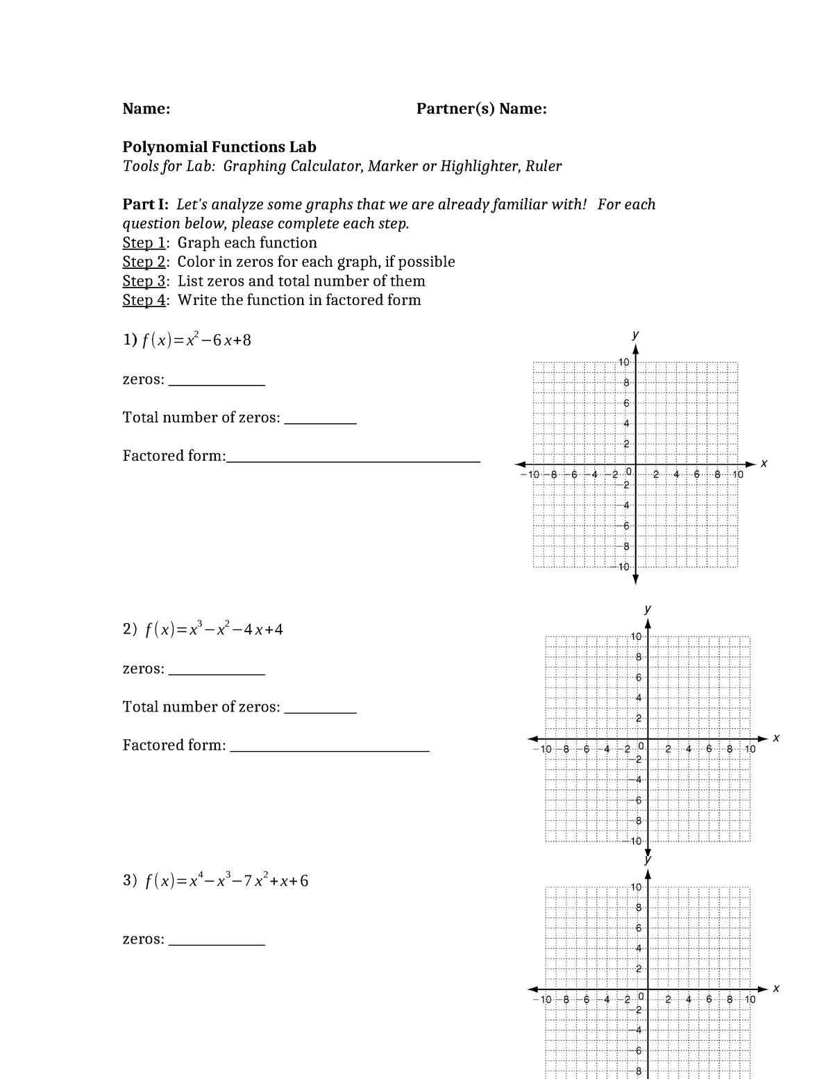 Student Copy Polynomial Functions Lab - Name: Partner(s) Name ...