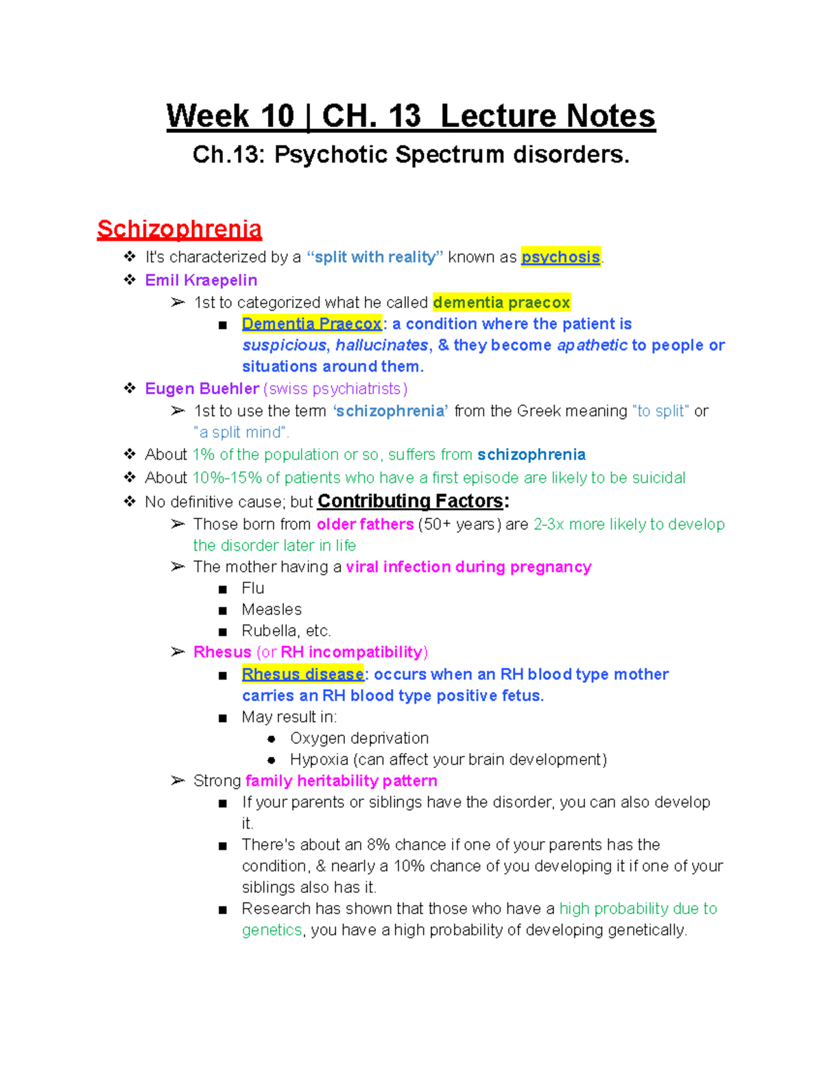 PSYC 3390 | CH.13 -"Psychotic Spectrum Disorders" Lecture Notes - Week ...